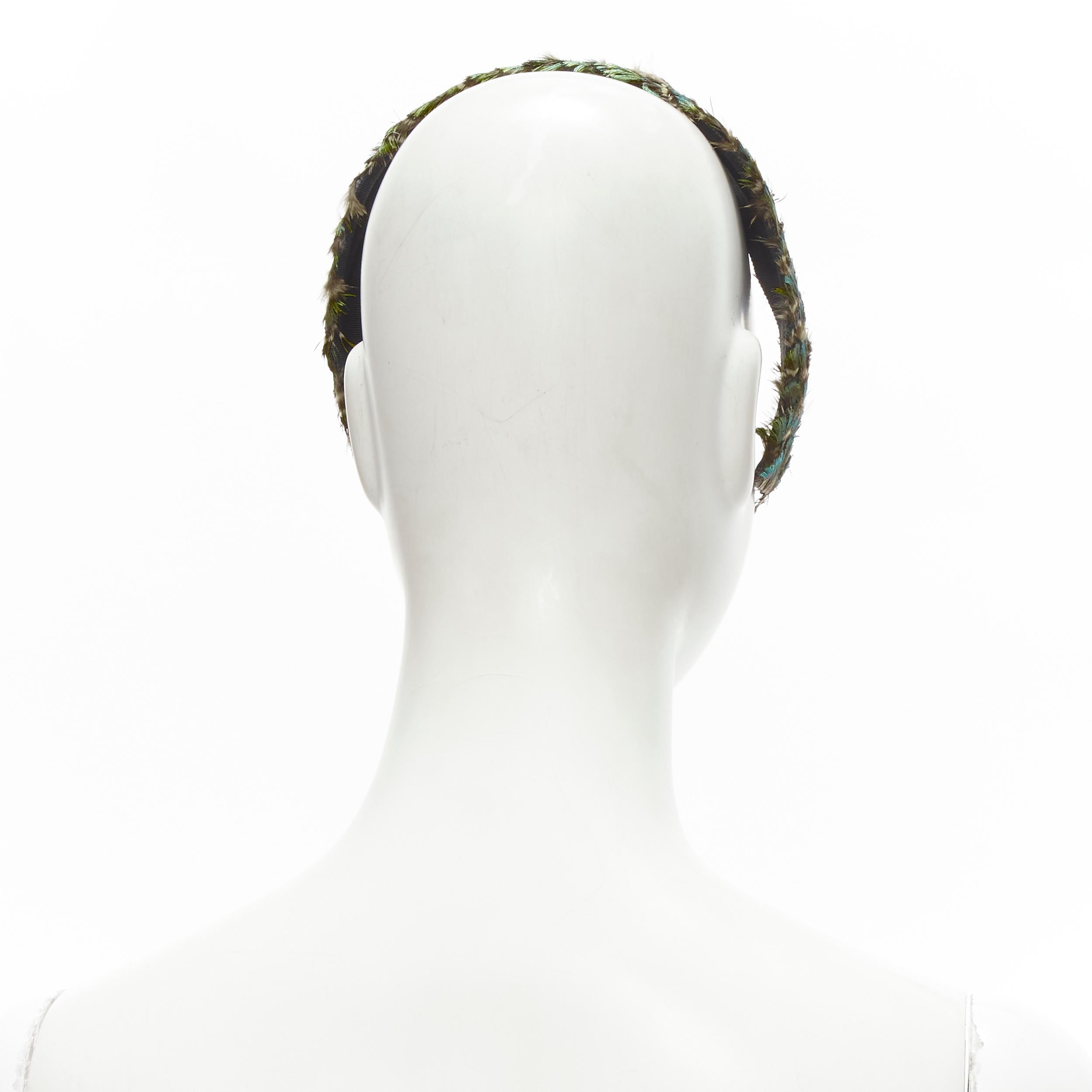 Gray JENNIFER OUELLETTE Lot of 2 green peacock feather black sequins wide headband For Sale