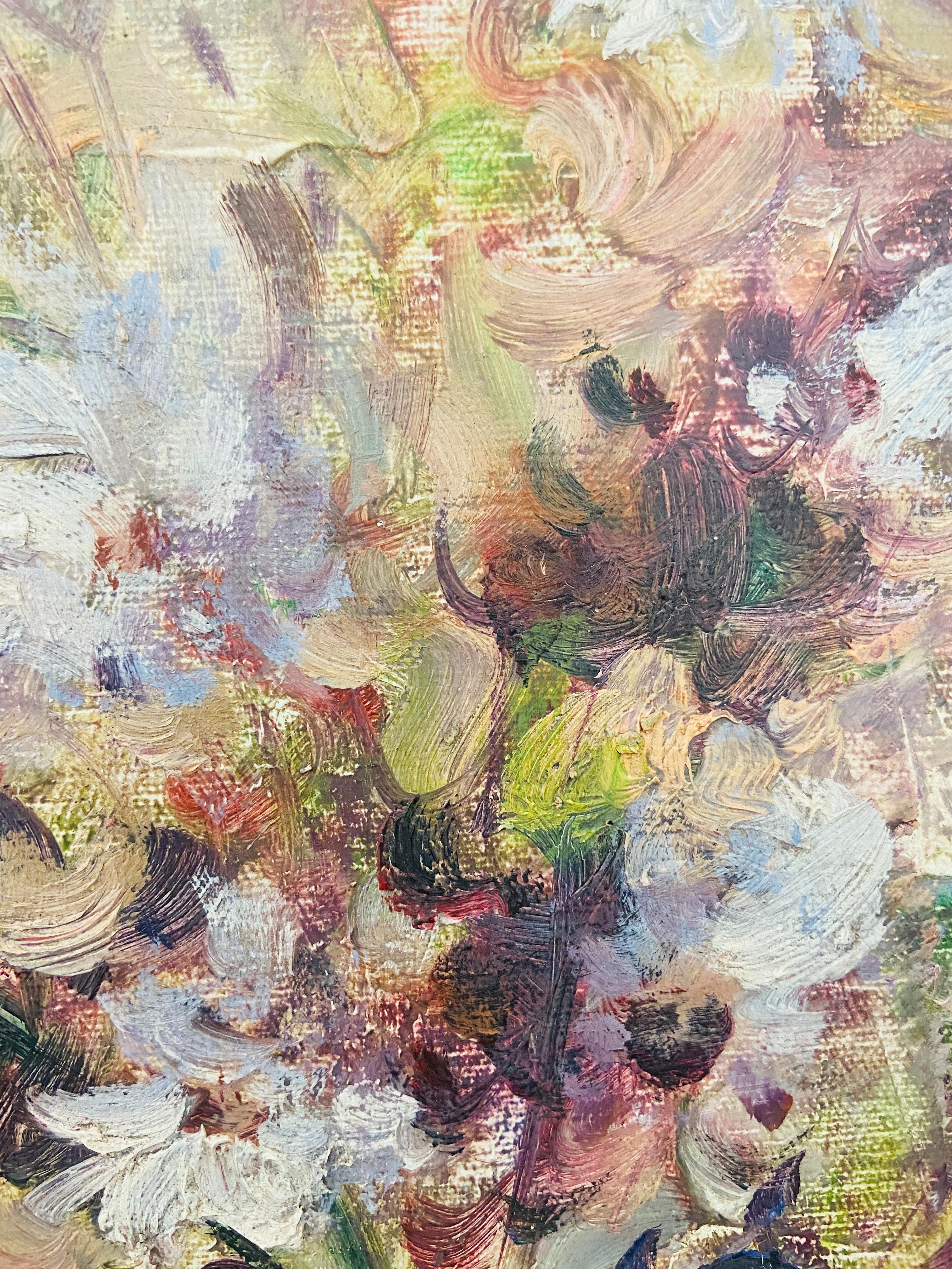 Óleo sobre lienzo Bodegón de flores y lavanda Enmarcado y firmado en venta 5
