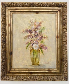 Large Still Life Oil on Canvas Painting of Flowers and Lavender Framed, Signed