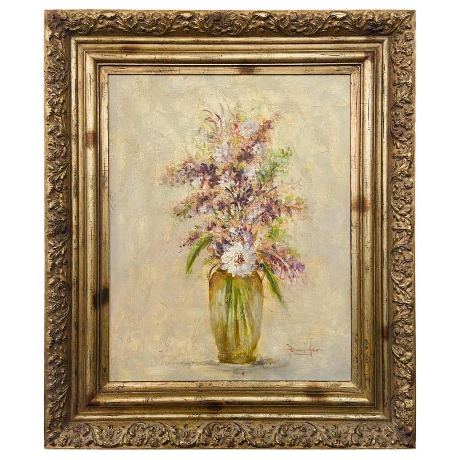 Jennifer Still-Life Painting - Oil on Canvas Still Life Painting of Flowers and Lavender Framed and Signed