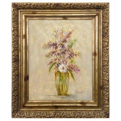 Retro Oil on Canvas Still Life Painting of Flowers and Lavender Framed and Signed