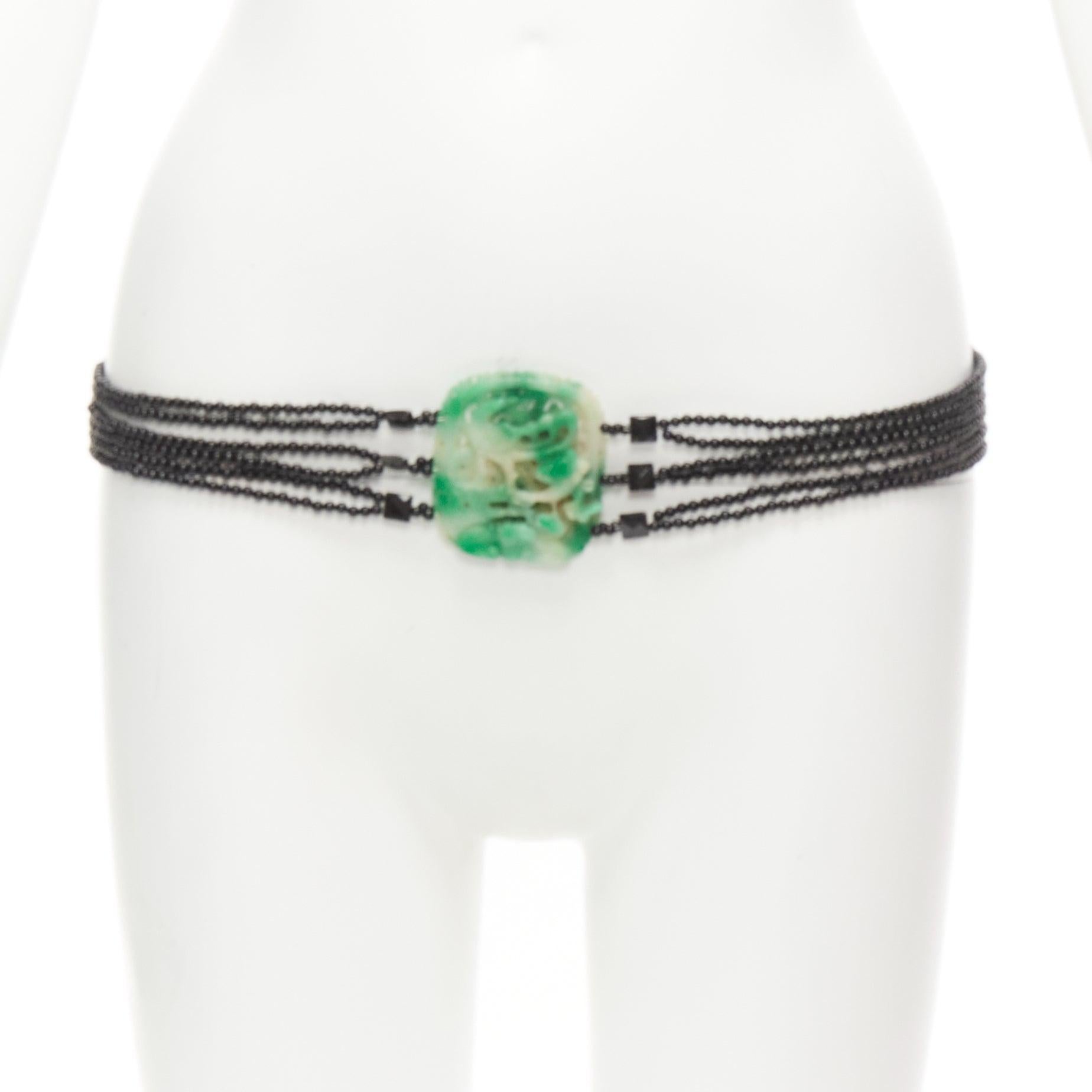 JENNIFER POLLOCK green oriental chinese stamp jade black beads chain belt In Good Condition For Sale In Hong Kong, NT