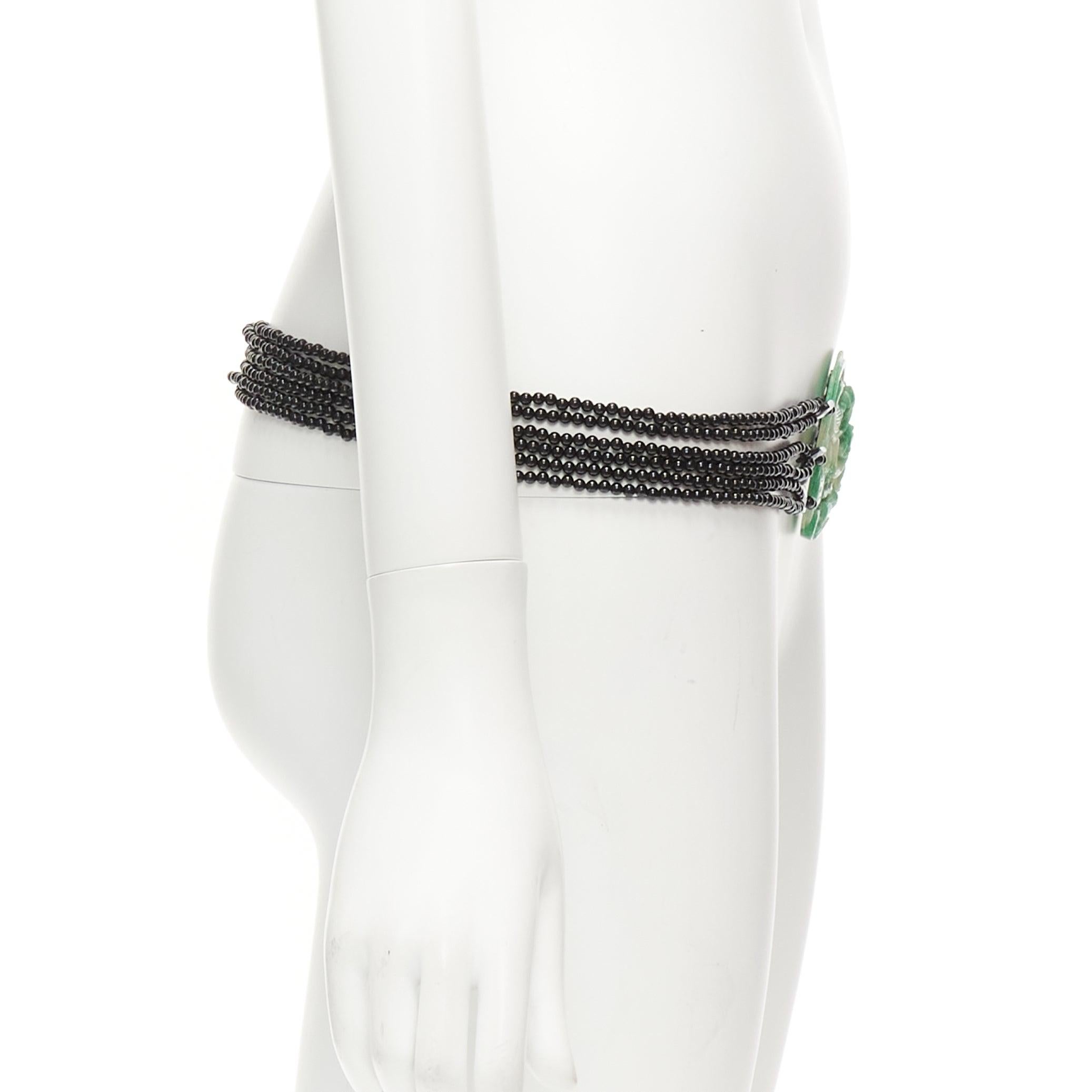 JENNIFER POLLOCK green oriental chinese stamp jade black beads chain belt In Good Condition For Sale In Hong Kong, NT