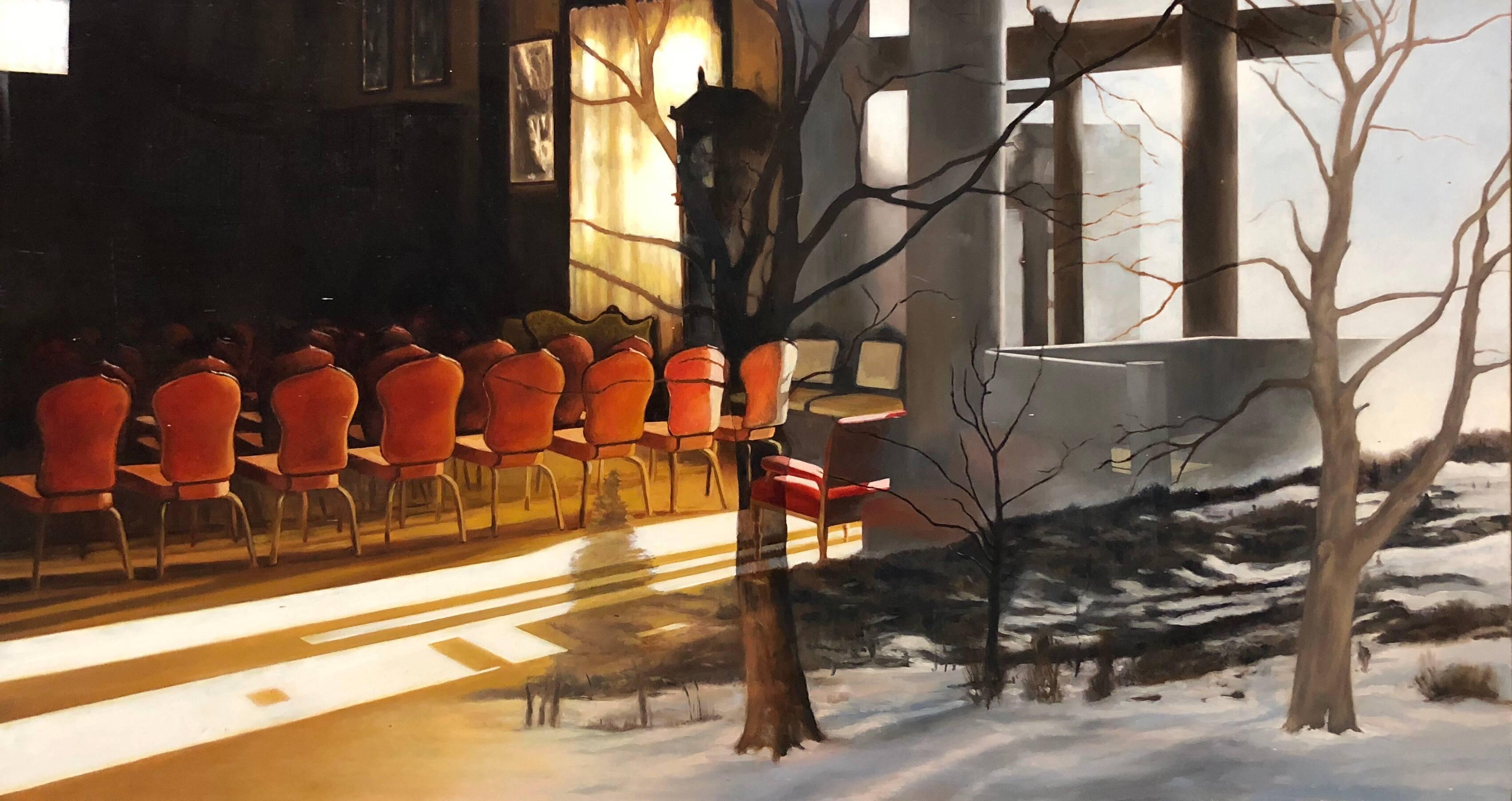 Jennifer Presant Interior Painting - Red Interior, Oil Painting, Scene Through Window