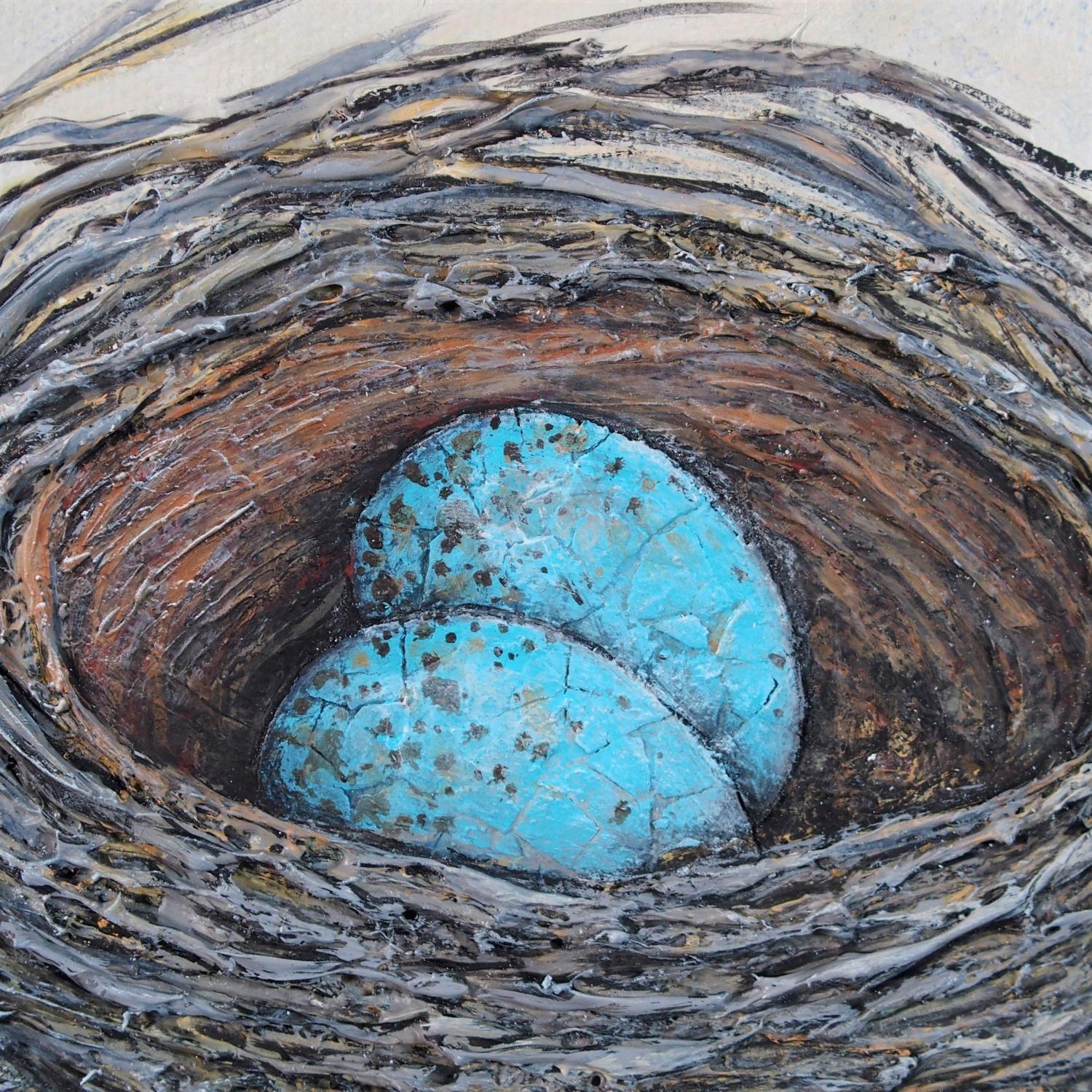 <p>Artist Comments<br>Artist Jennifer Ross presents a still life of a bird's nest on a light and airy background. The layered textures contrast the simplicity of the composition. She uses her eggshell collage technique on the eggs and sculpts the