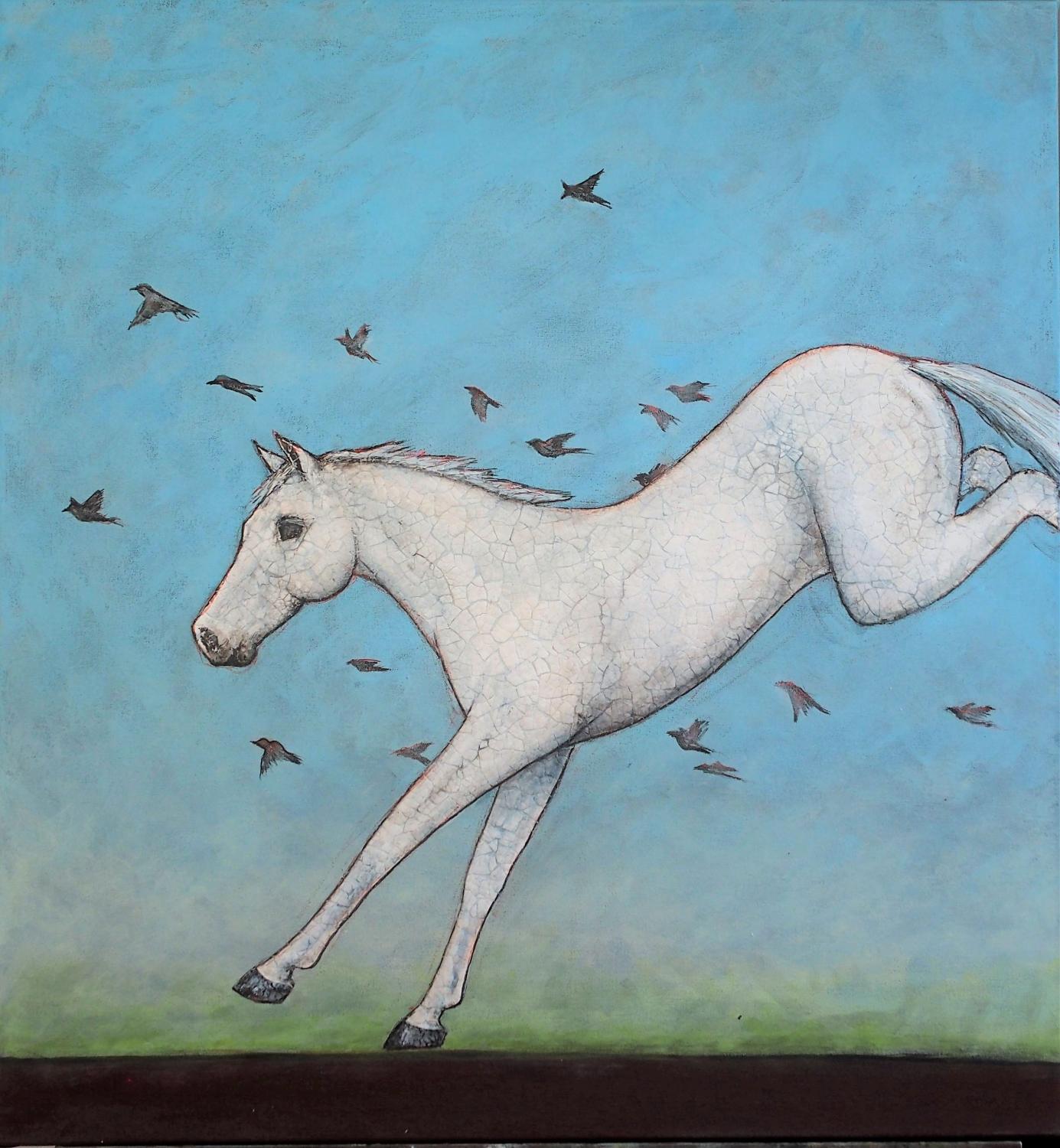Cavallo Kintsugi - La lezione di volo, dipinto originale - Mixed Media Art di Jennifer Ross