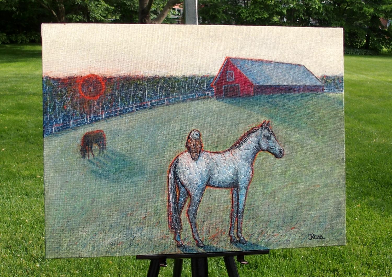 <p>Artist Comments<br>Artist Jennifer Ross depicts an encounter between a horse and a barn owl. The bird perches on the white steed's back as it grazes on a farm. The setting sun basks the distant trees, the red barn, and the entire pasture with