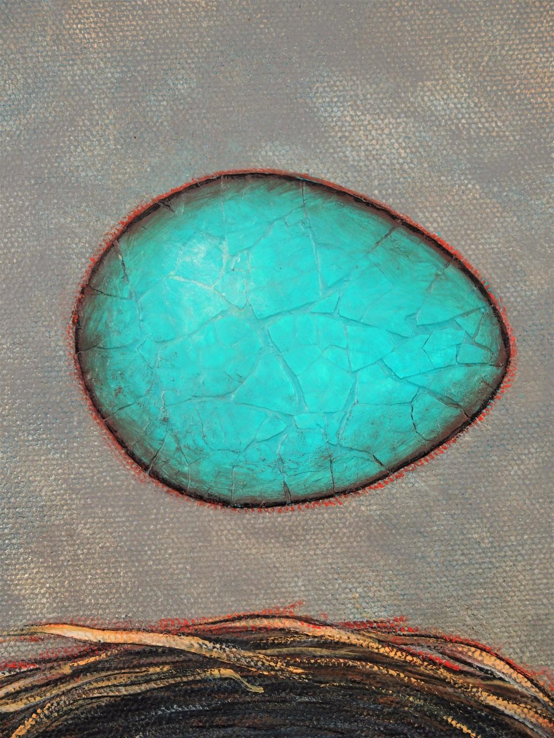<p>Artist Comments<br>Artist Jennifer Ross displays an egg in brilliant turquoise. She composes the springtime piece with her signature eggshell collage. 