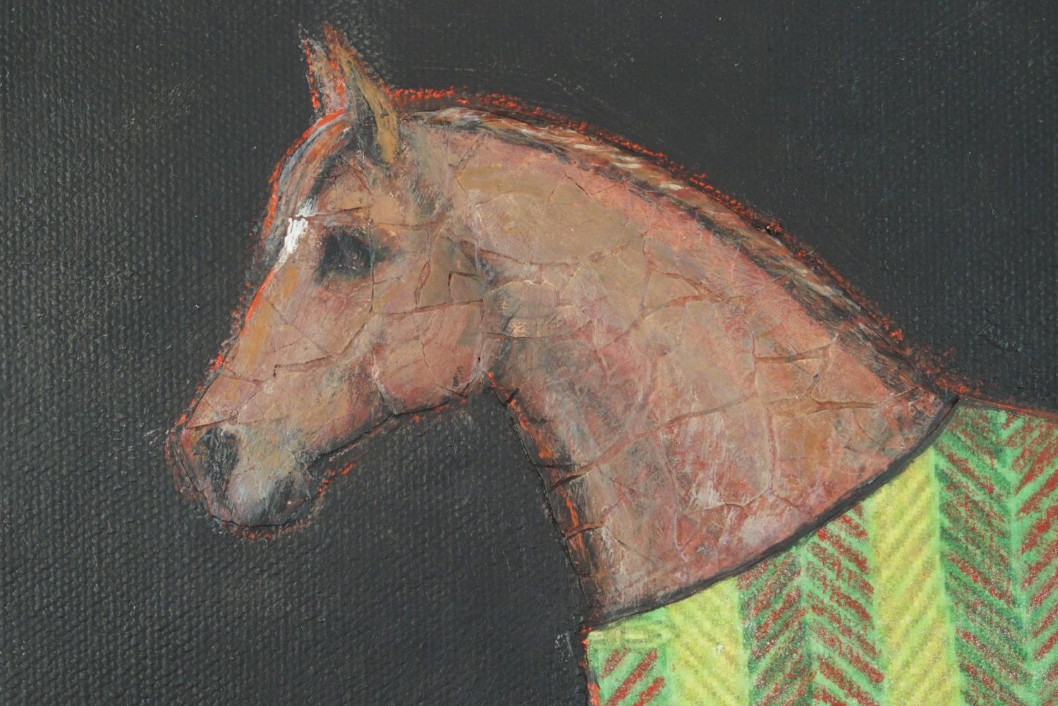 <p>Artist Comments<br>Inspired by antique equestrian portraits, artist Jennifer Ross depicts a chestnut horse wearing a plaid blanket in a stall. The steed grazes in a barn strewn with hay on the floor. Jennifer's unique eggshell and paper collaging