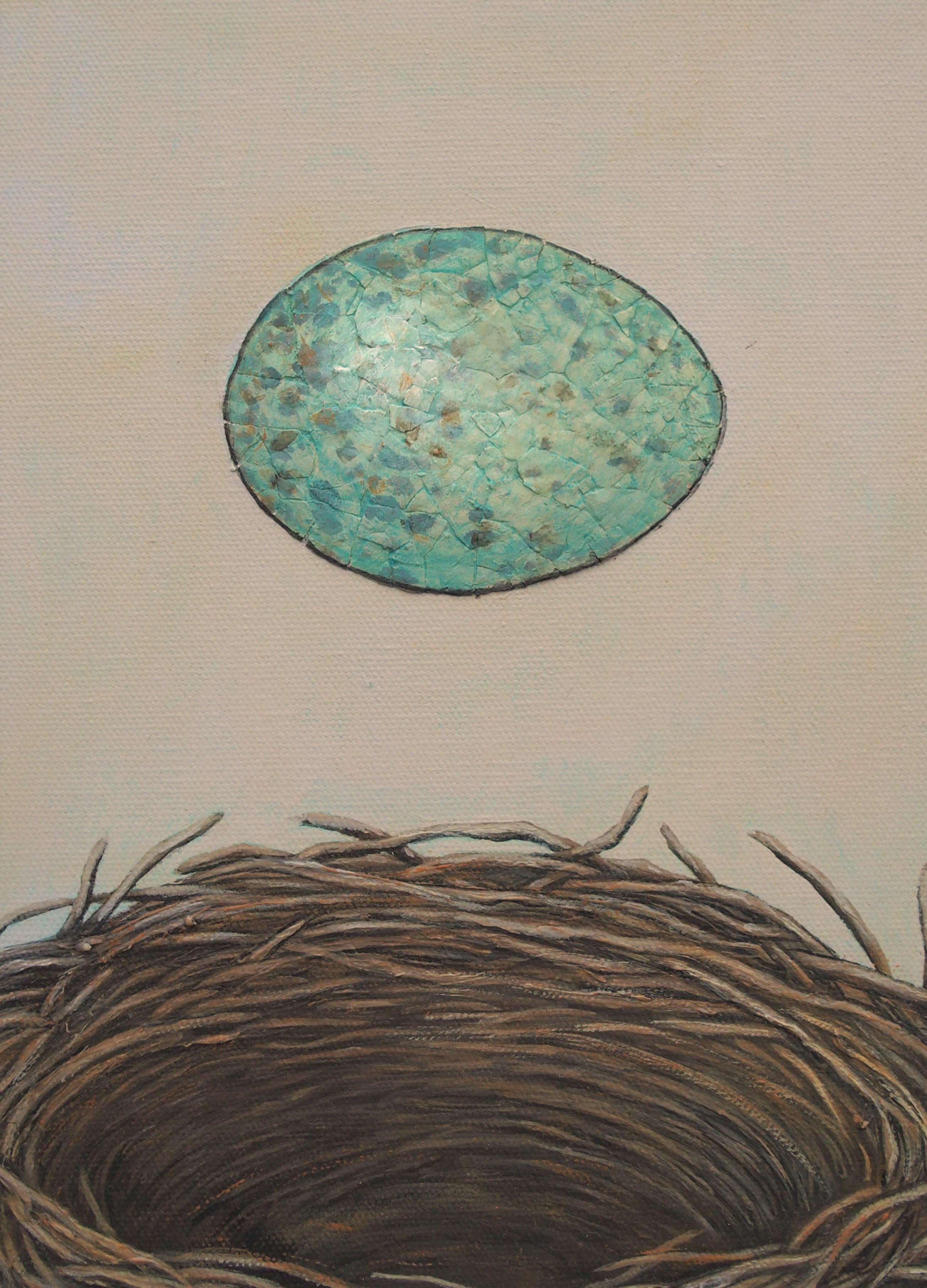 <p>Artist Comments<br>A teal egg floats above a carefully balanced bird's nest. Artist Jennifer Ross utilized her reconstructing technique to shape the egg using a collage of broken eggshells. â€œThe title of this painting really conveys everything