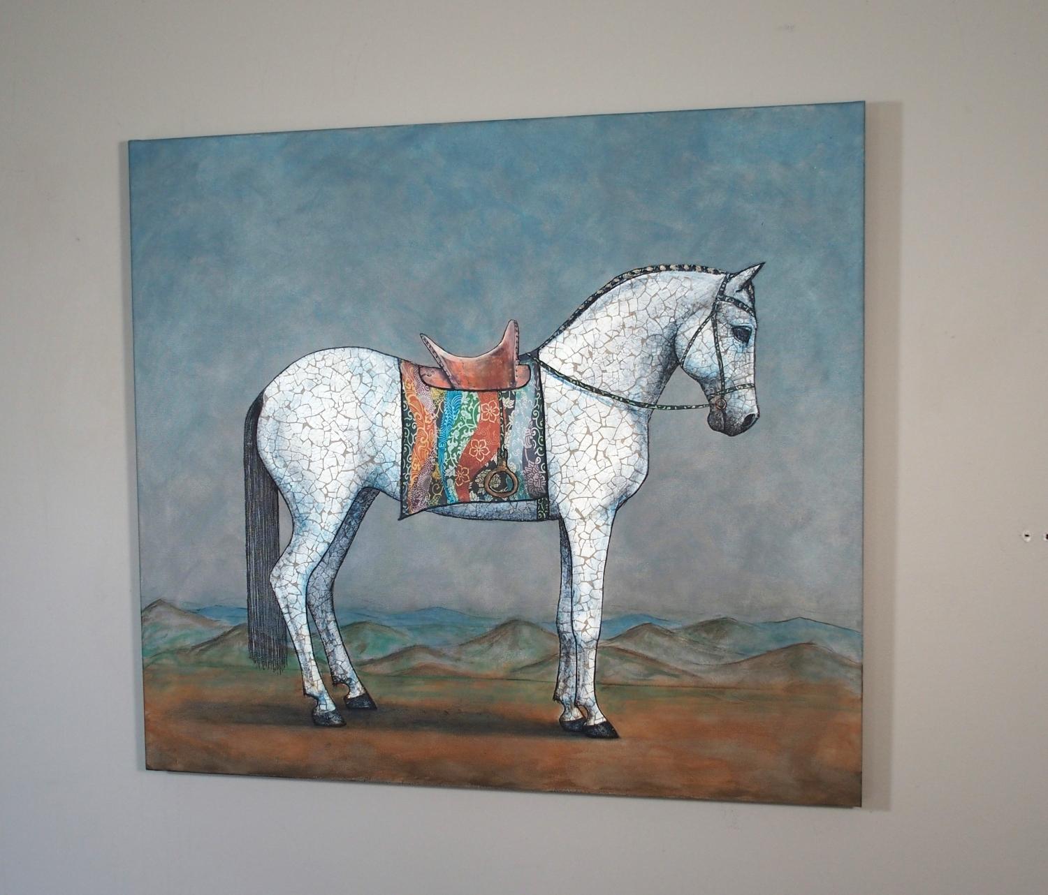 <p>Artist Comments<br />Like a statue slowly coming to life, artist Jennifer Ross uses a combination of collaging techniques to create this majestic equine portrait. Jennifer's process includes layering broken eggshells over metallic gold paint.