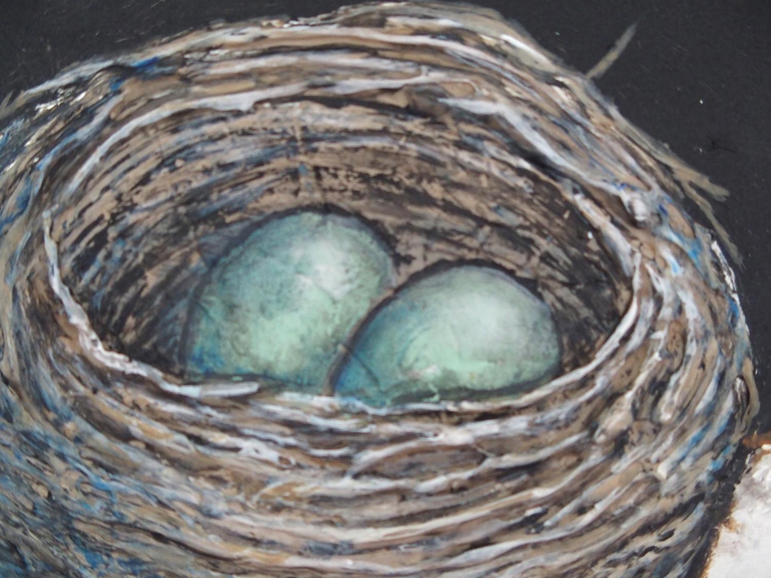 Nido iluminado-Huevos verdes, Pintura original - Still-Life Painting Negro de Jennifer Ross