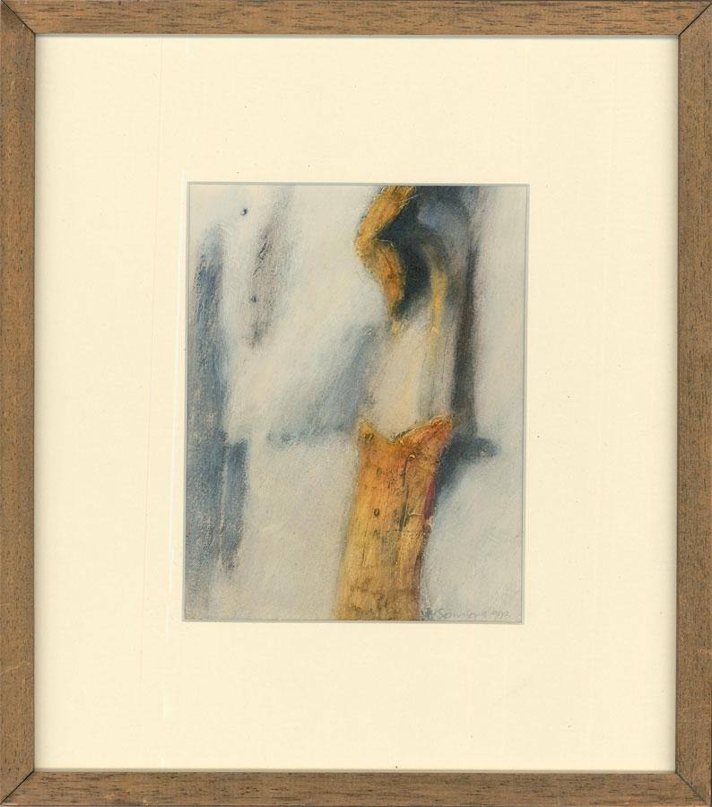 In this striking mix media painting, Semmens has played with texture and colour to give us her interpretation of a suspended historic arch. Signed and dated to the lower right. Well-presented in a crisp white mount and contemporary wood frame. On
