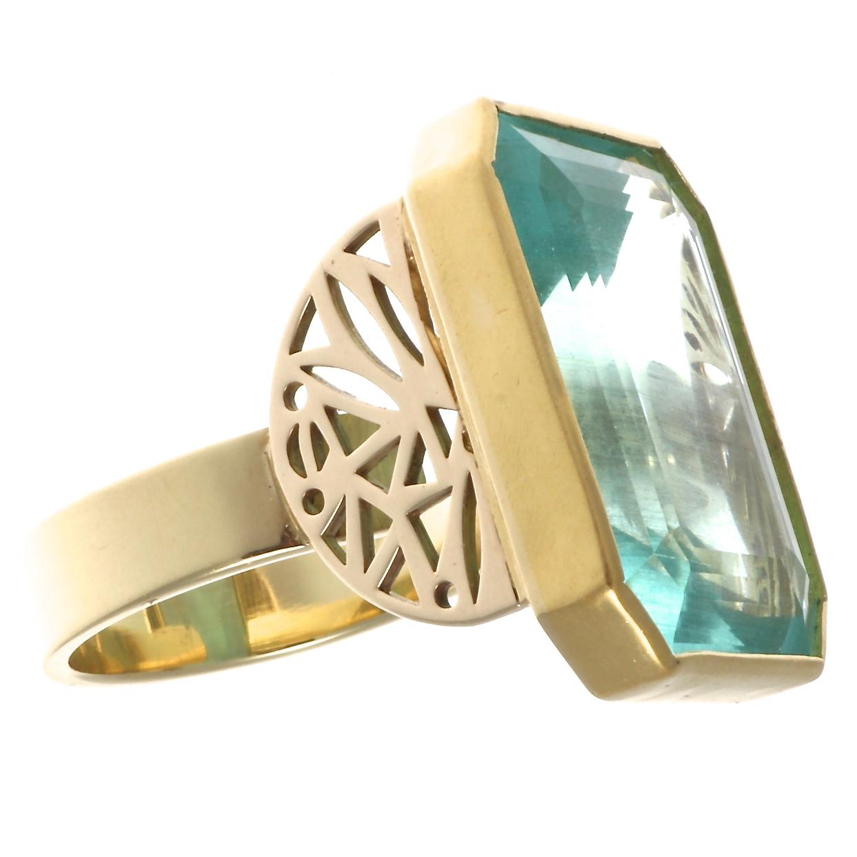 Emerald Cut Jennifer Weir Modern Aquamarine Gold Cocktail Ring
