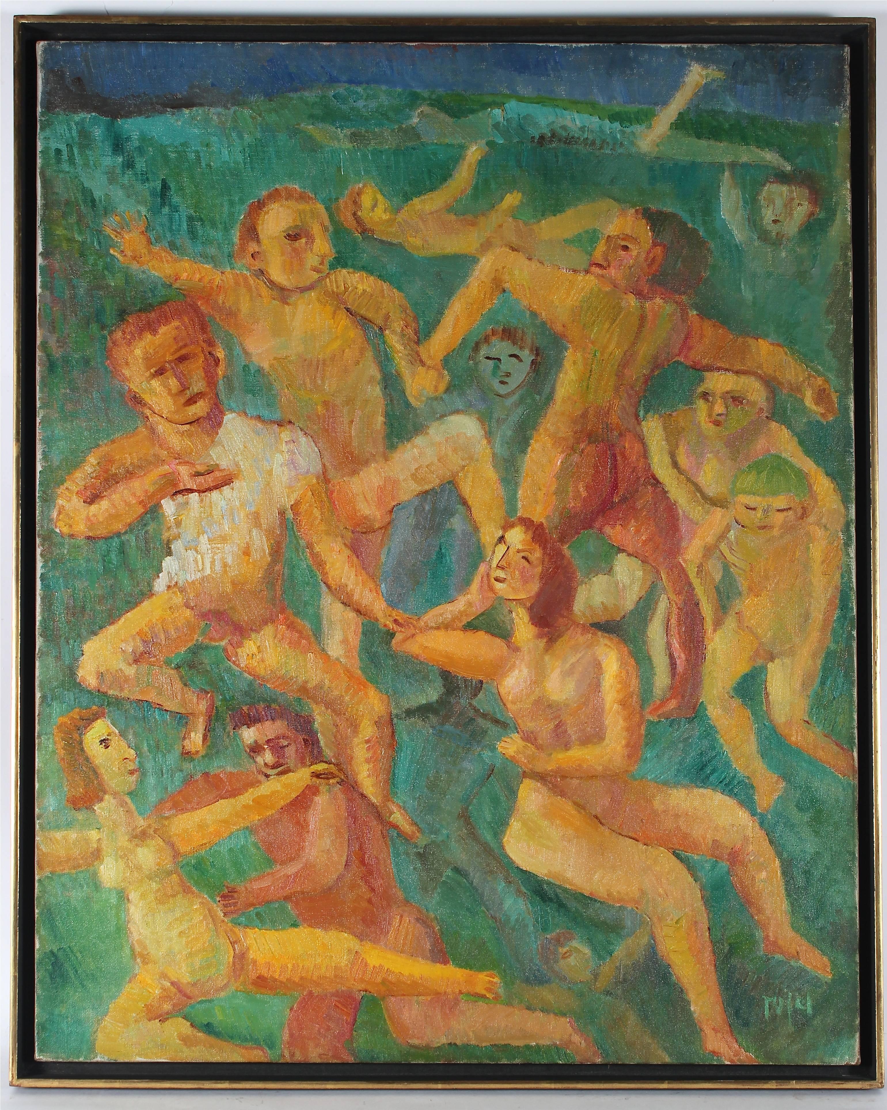Jennings Tofel Figurative Painting - "Swimmers" Expressionist Figurative Scene, Oil on Canvas, 1948