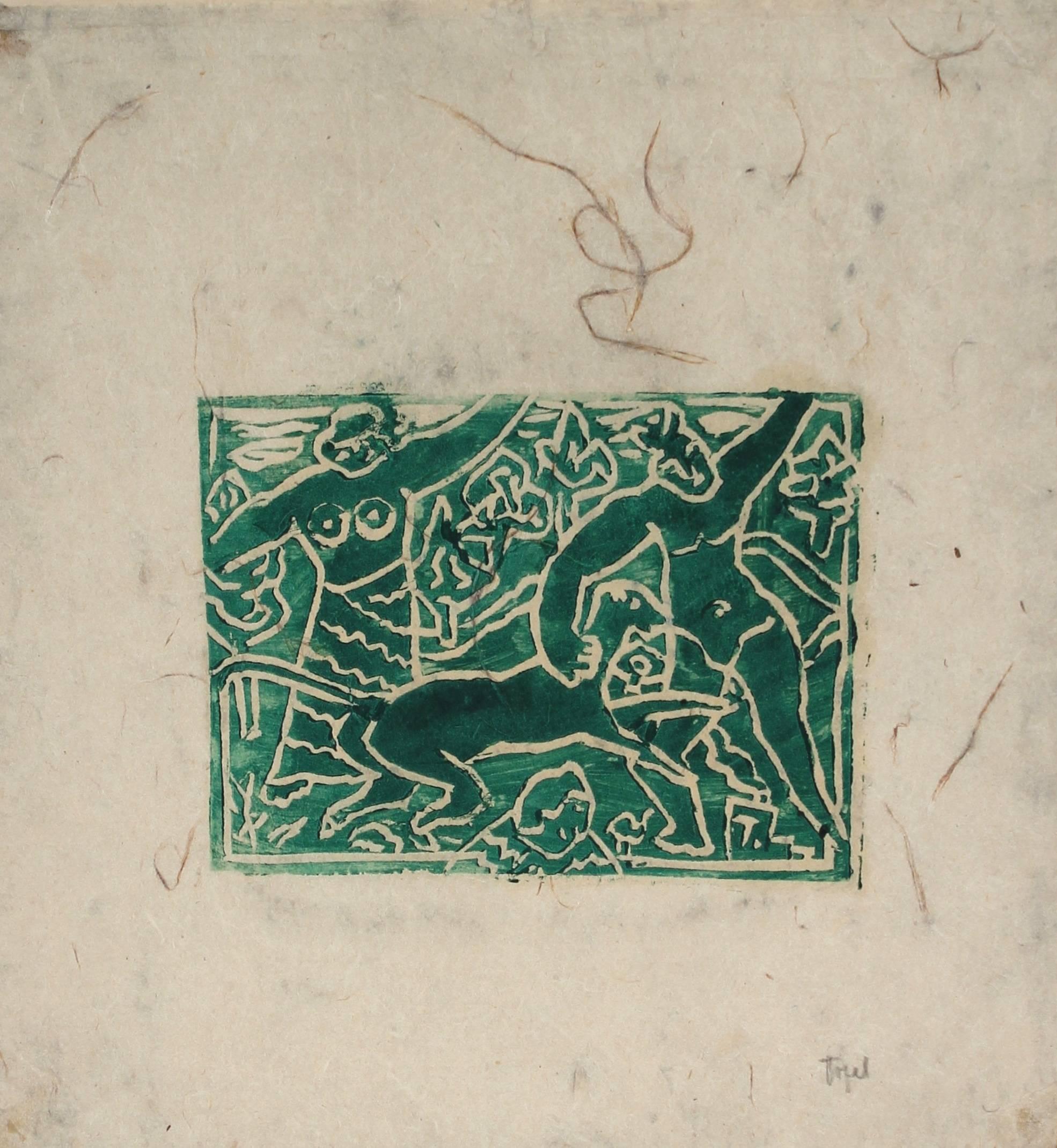 Jennings Tofel Figurative Print - Figurative Woodcut Print in Green Ink, Early 20th Century