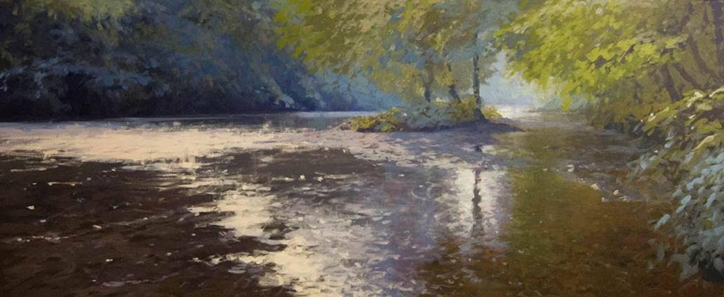 Jenny Aitken Still-Life Painting - Light on the Derwent, river seascape, Original art, Landscape art, 