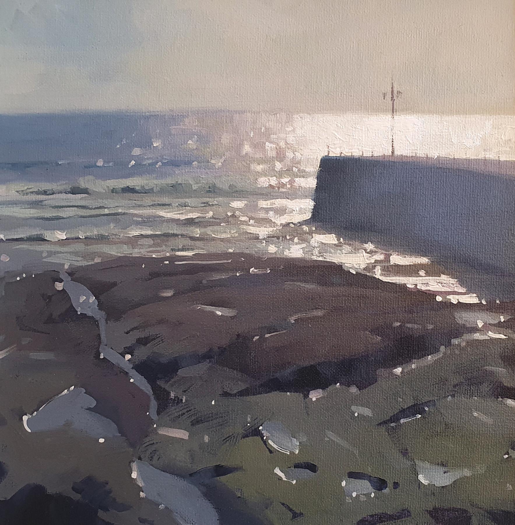Porthleven Light, peinture contemporaine de style réaliste, œuvre d'art de paysage marin britannique
