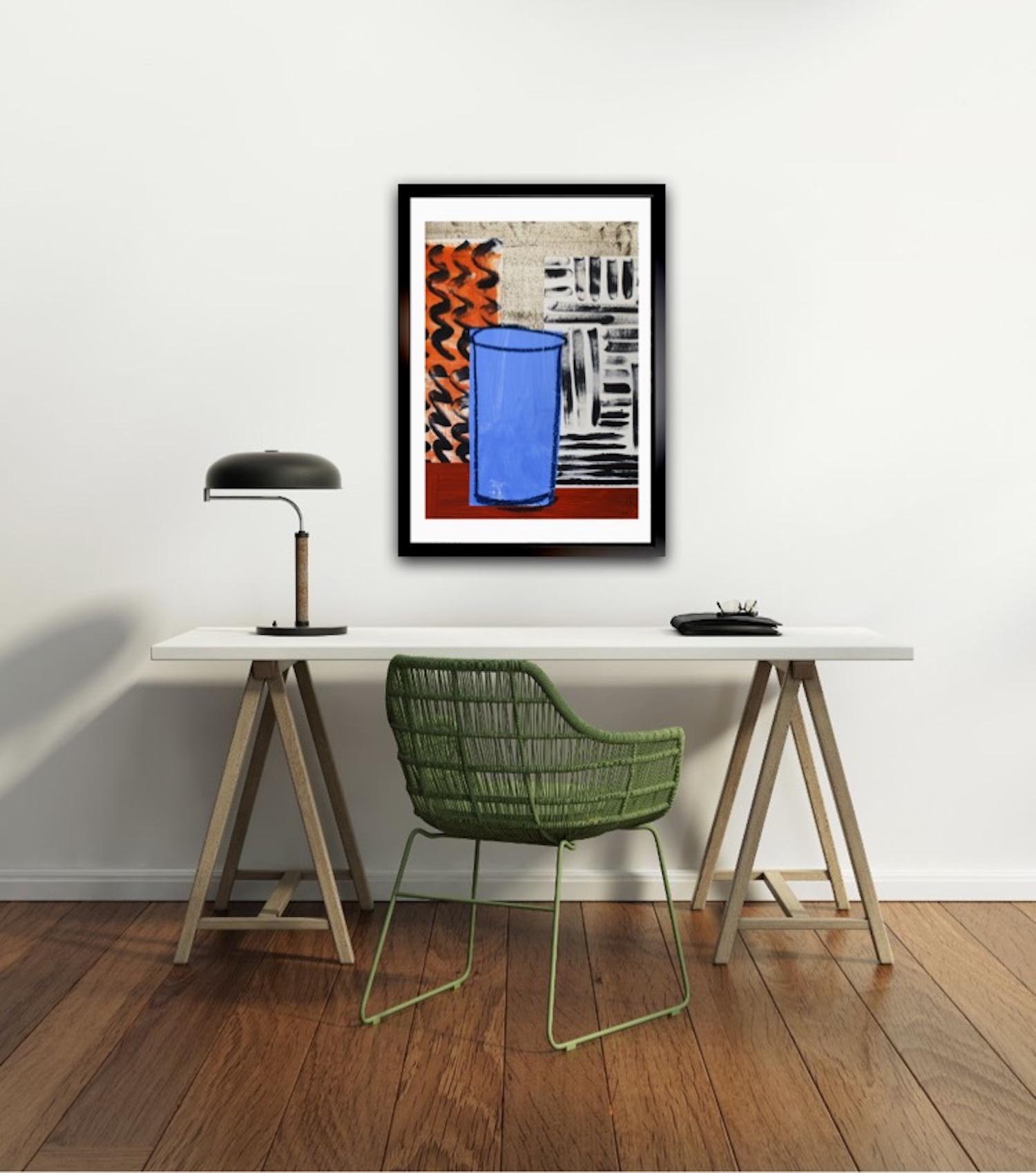 Blue Urn, Tan and Black - Abstract Painting by Jenny Balmer
