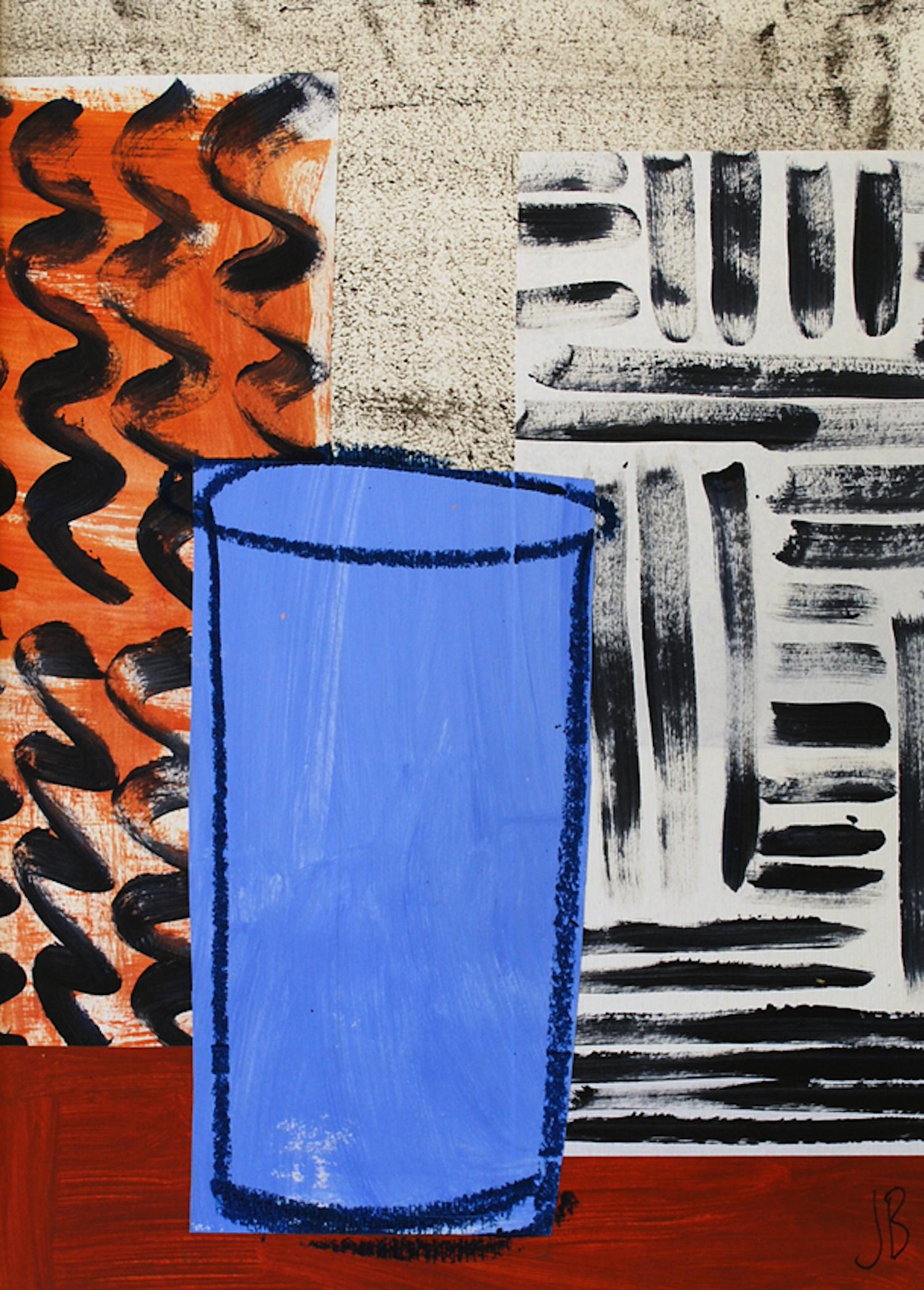 Jenny Balmer Abstract Painting - Blue Urn, Tan and Black