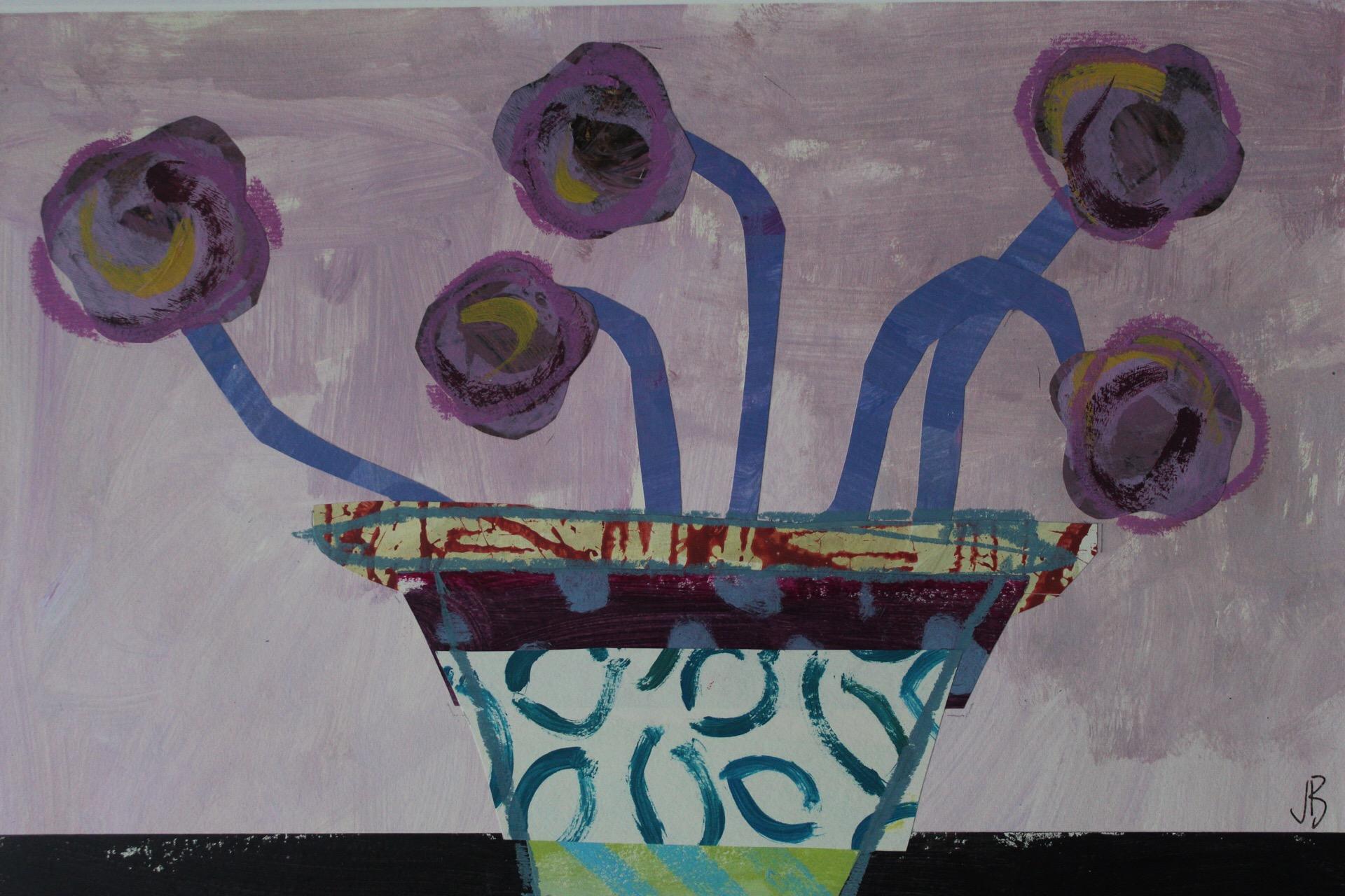 Jenny Balmer Still-Life Painting - Patterned Vase with Purple Flowers