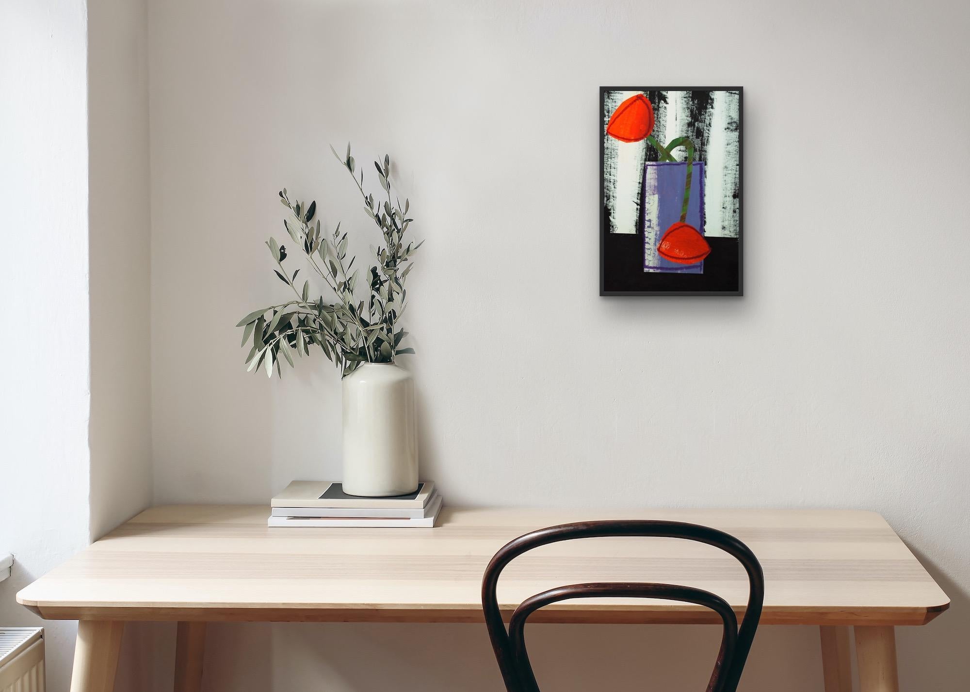 Purple Vase with two Poppies, original work on paper, floral art, interior art - Black Abstract Painting by Jenny Balmer