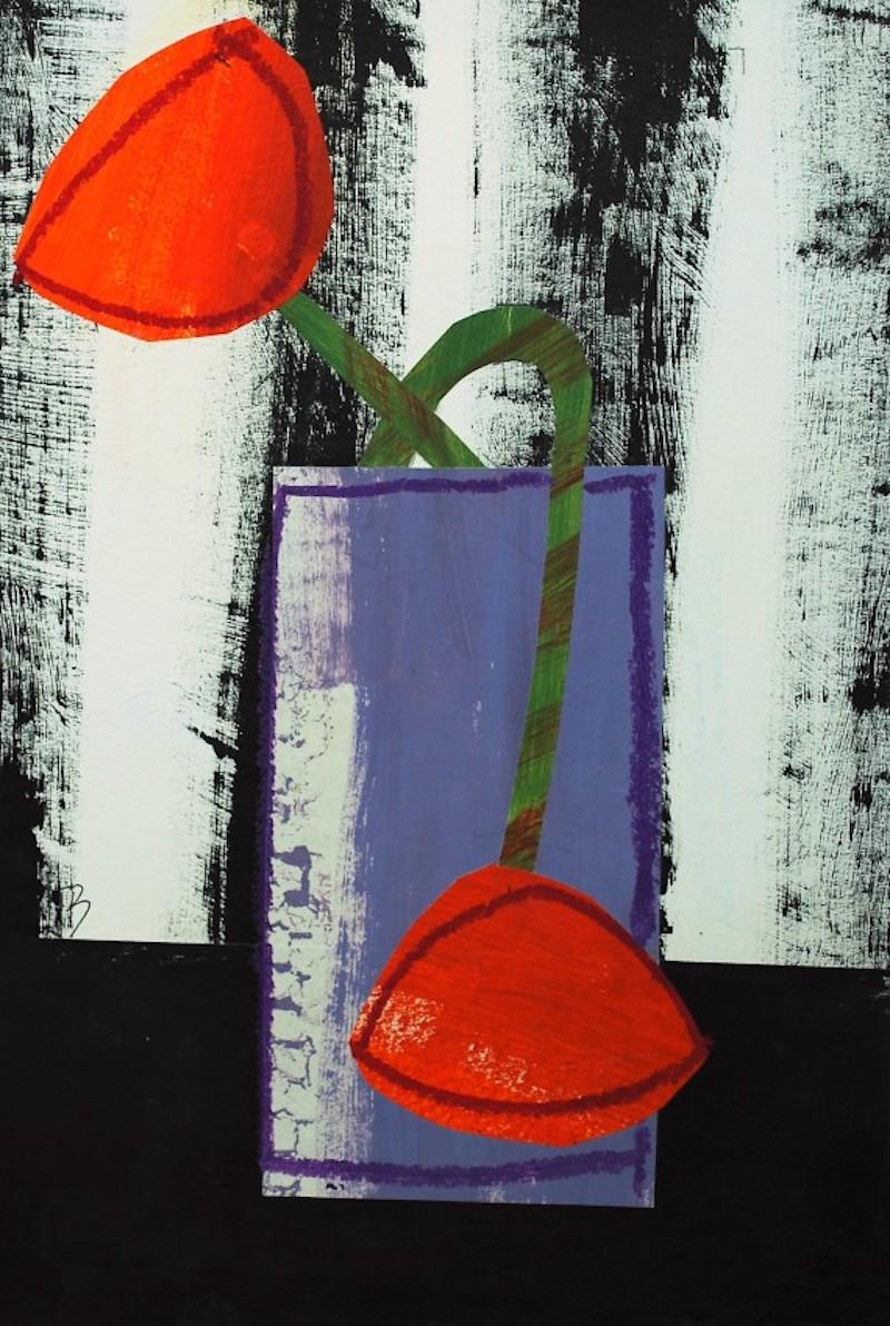 Abstract Painting di Jenny Balmer - Vaso viola con due papaveri, opera originale su carta, arte floreale, arte d'interni