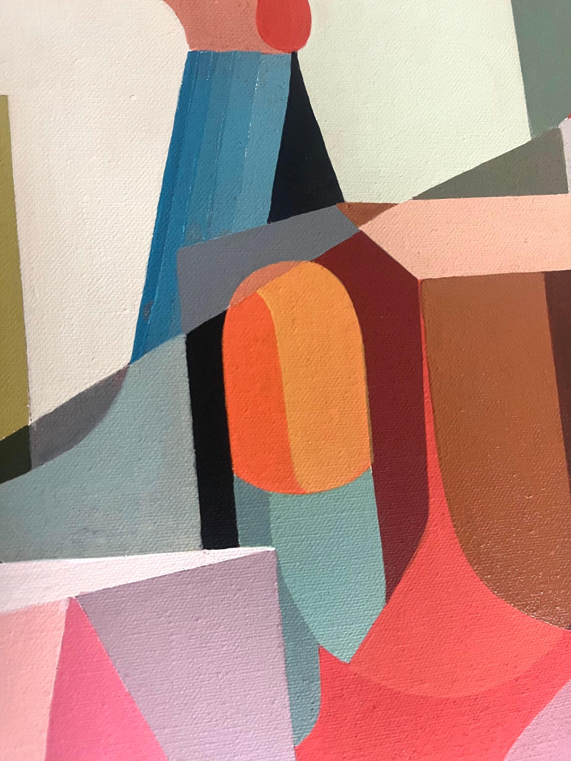 SUBE, BAJA
Tamaño: 30 x 40 x 2 cm 
Acrílico sobre lienzo

Un bodegón juguetón y cautivador, realizado en acrílico sobre lienzo de lino por la artista irlandesa contemporánea Jenny Belton, y fechado en 2024 en el reverso.

Jenny Belton es una artista