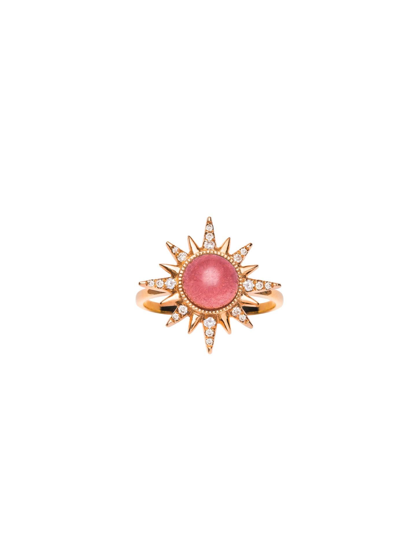 Electra Maxima Ring 

18kt rose gold, 2.11 ct Rubellite round cabochon, 0.17 ct White Diamonds, 5.25 gr total gold.
Sizes between 48 and 56.
Handmade in Italy.
*Due to Covid-19 situation, we may have delivery delays.

Item part of our Pleiadee