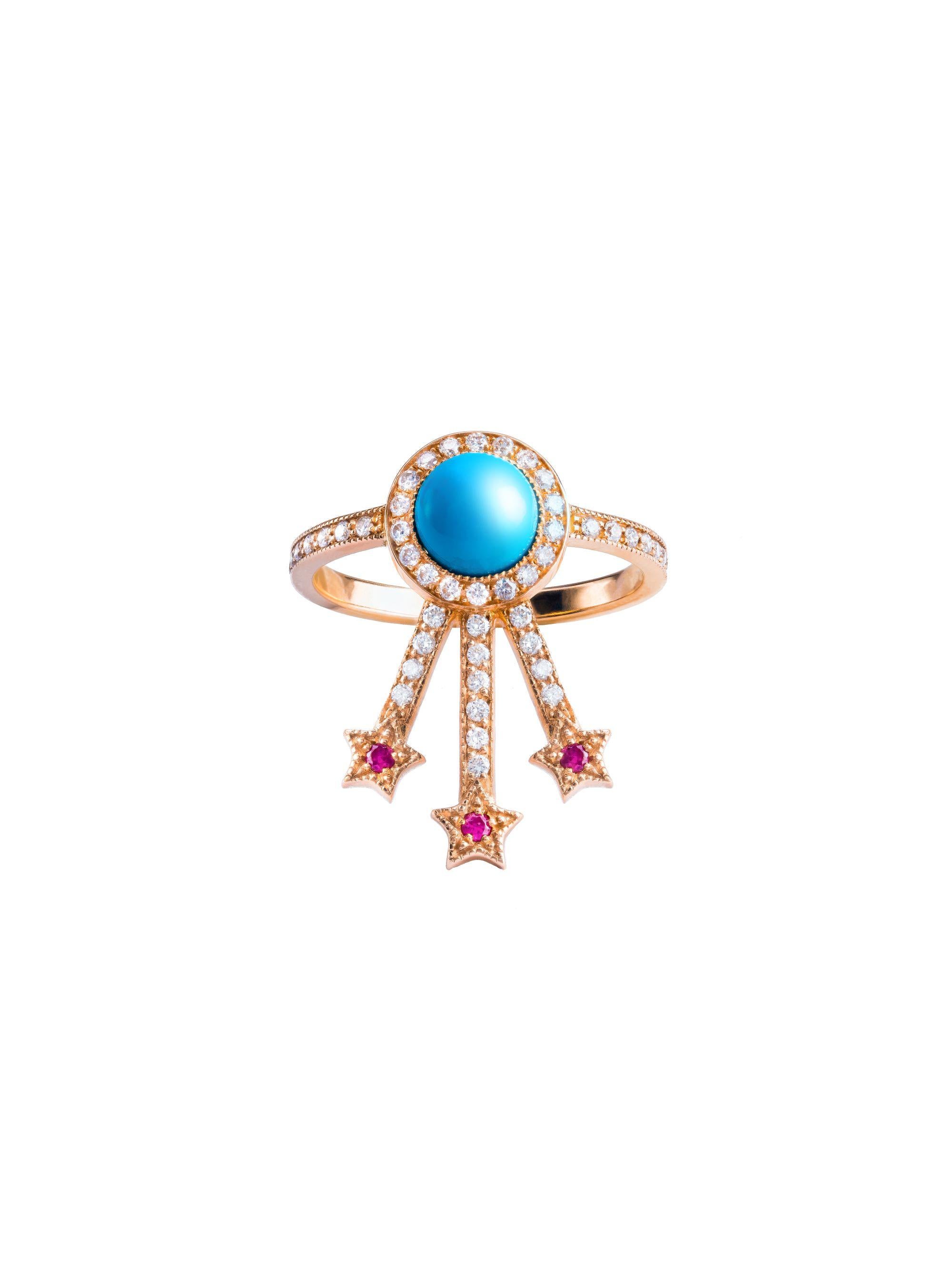 Alcylone Ring

18kt rose gold, 0.97ct Turquoise round cabochon, 0.32ct White Diamonds, 0.06ct Rubies, 4.10 g total gold.
This ring always has a wow effect on its own, it has magic and light!
You can add other rings from our Pleiadee collection to