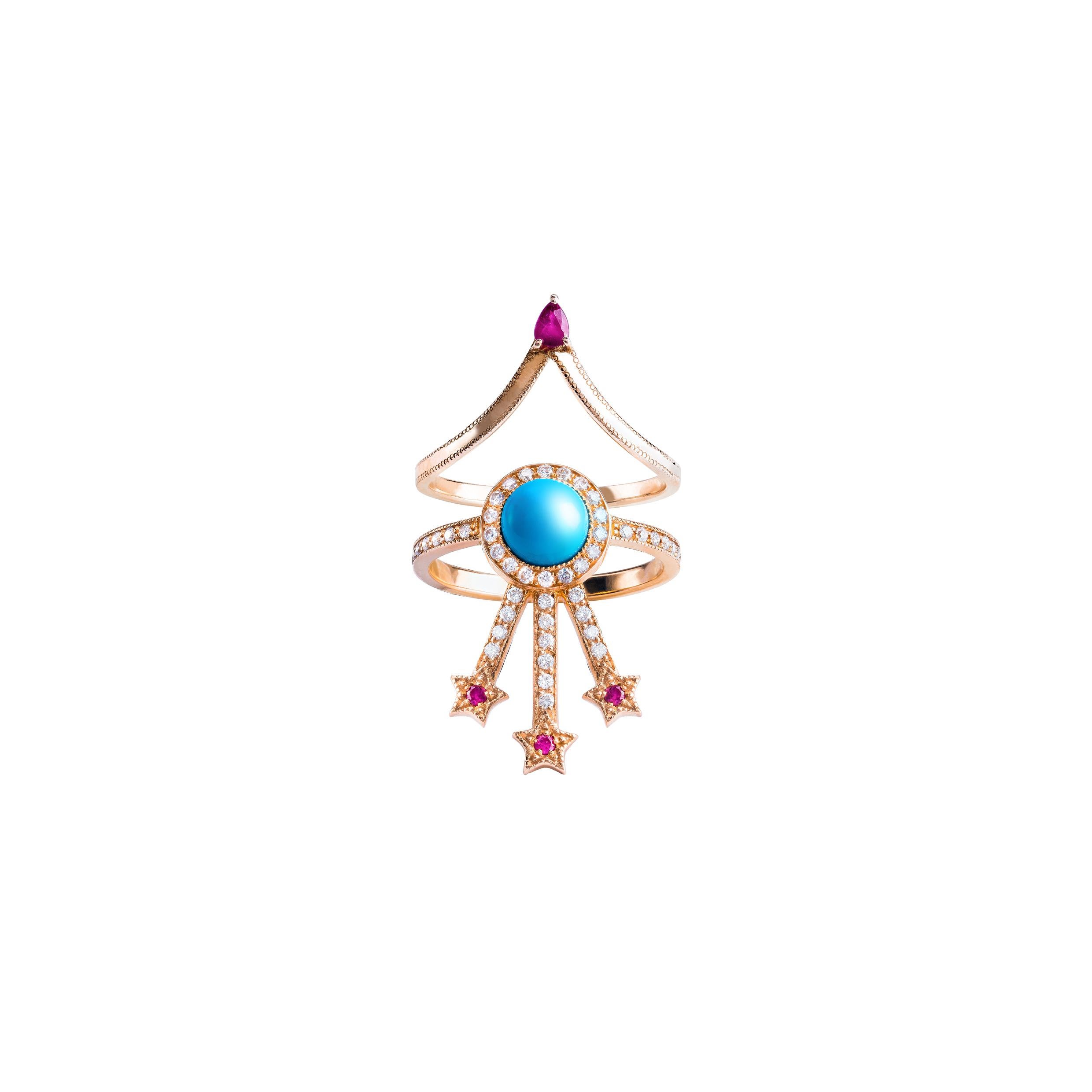 Contemporary Alcylone Ring, Turquoise, Rubies, 18 Karat Rose Gold For Sale