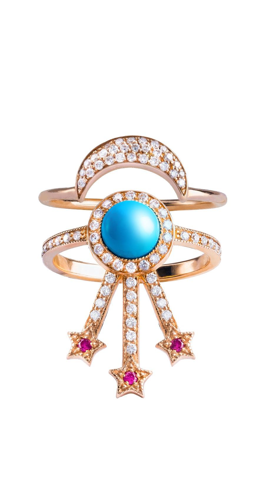 Women's Alcylone Ring, Turquoise, Rubies, 18 Karat Rose Gold For Sale