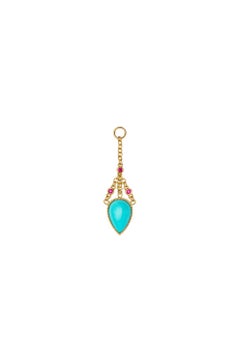Asterope Single Ear Chain, Turquoise, Rubies, 18 Karat Yellow Gold