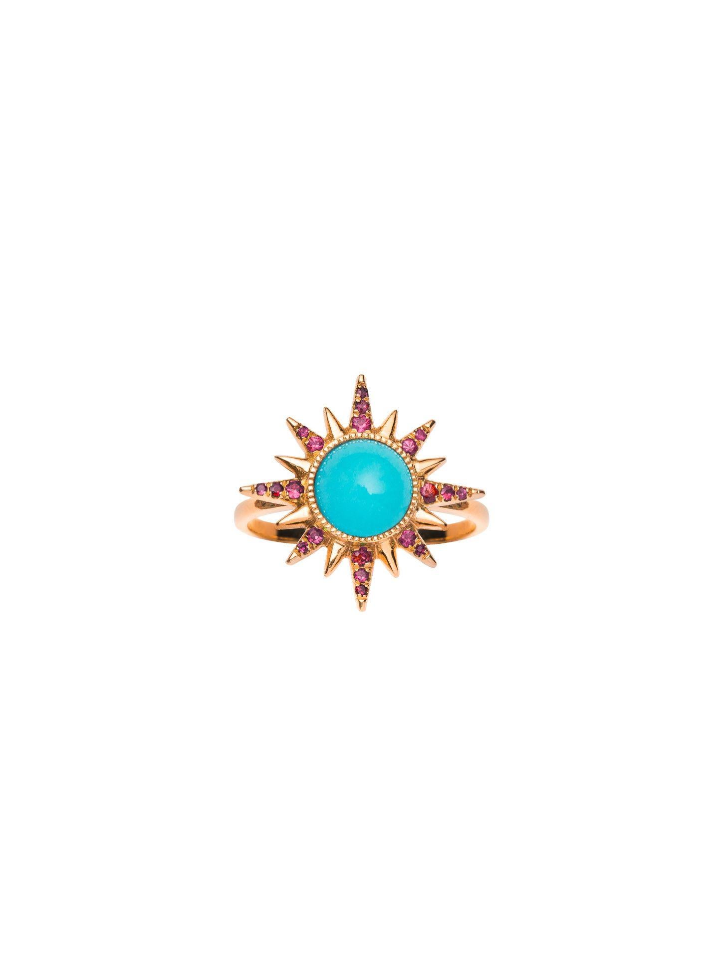 Electra Maxima Ring

18kt rose gold, 1.80 ct Turquoise round cabochon, 0.23 ct Rubies, 5.25 gr total gold.
Sizes between 48 and 56.
Handmade in Italy.
*Due to Covid-19 situation, we may have delivery delays.

Item part of our Pleiadee collection

In