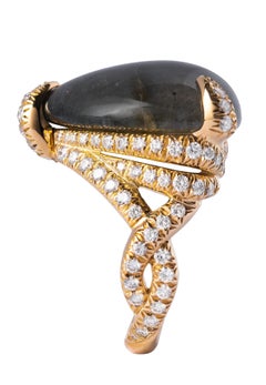 Khaleesi Ring, Labradorite Cabochon, White Diamonds, 18 Karat Yellow Gold