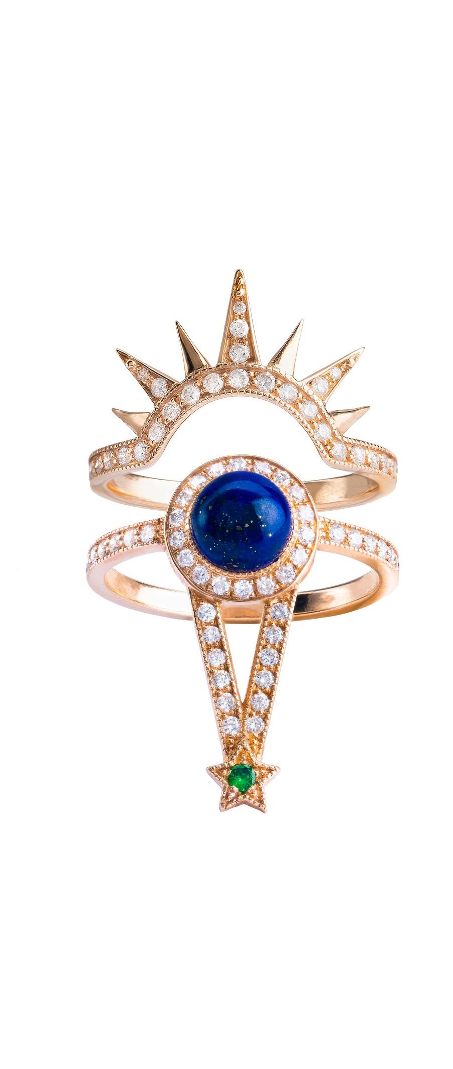 Contemporary Maia Ring, Rainbow Moonstone, Diamonds, Blue Sapphire, 18 Karat Rose Gold For Sale