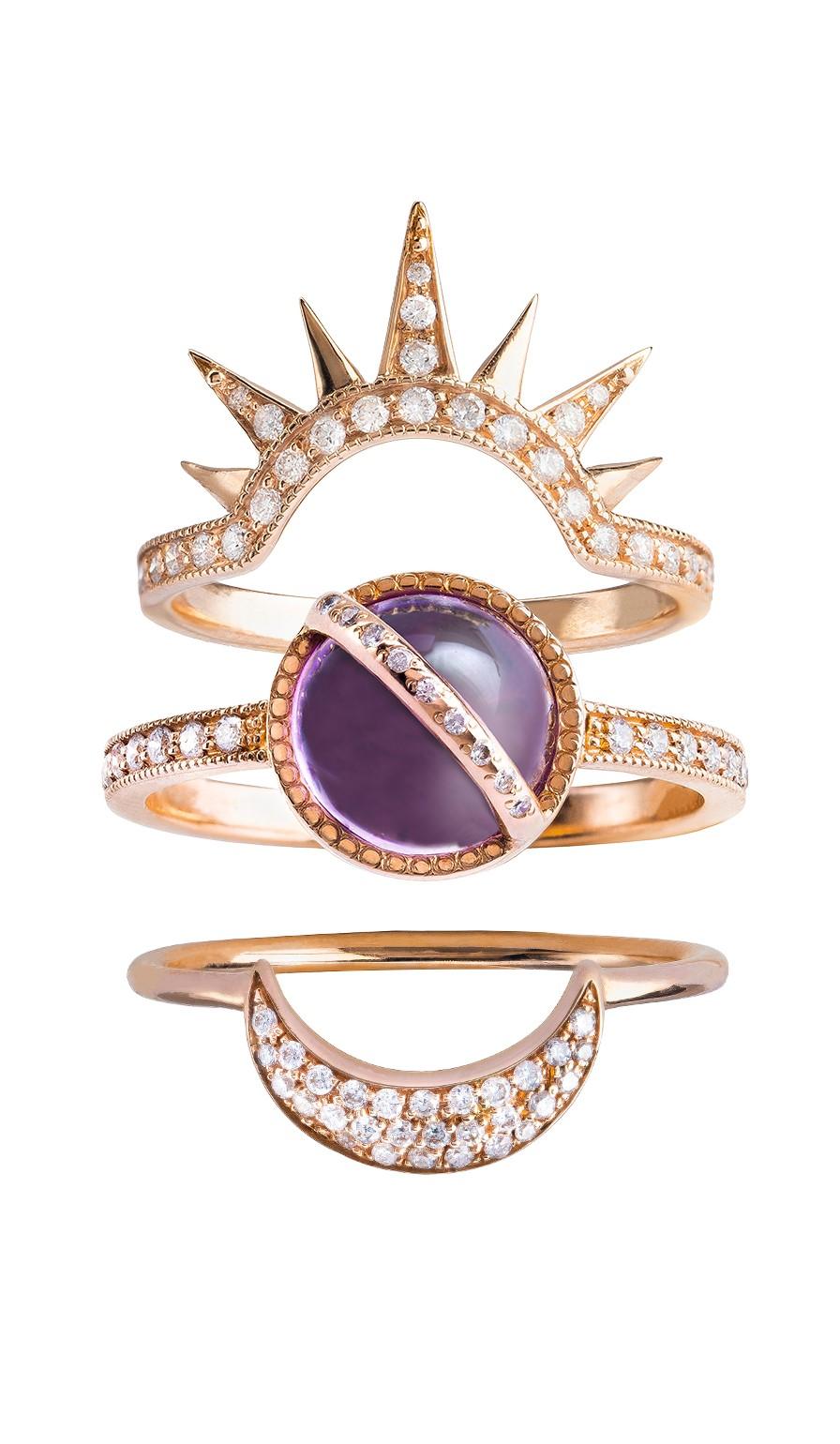 Contemporary Taygeta Ring, Rainbow Moonstone, White Diamonds, 18 Karat Rose Gold For Sale