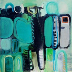 "Cube"- Oil on canvas wall art- Black, white, abstract, green, mint, teal