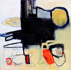 "Mindful"- Abstract Painting - mcm, mid century, white, black, orange, mcm