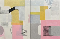 "Press Room"- two piece Abstract Painting, pink, gray, yellow, grey, black, mcm