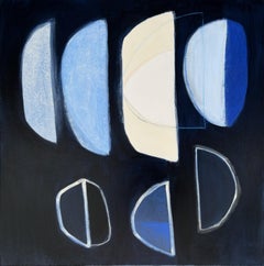 "We Saw the Same Moon "- Abstract Painting, blue, black, white, creme, royal