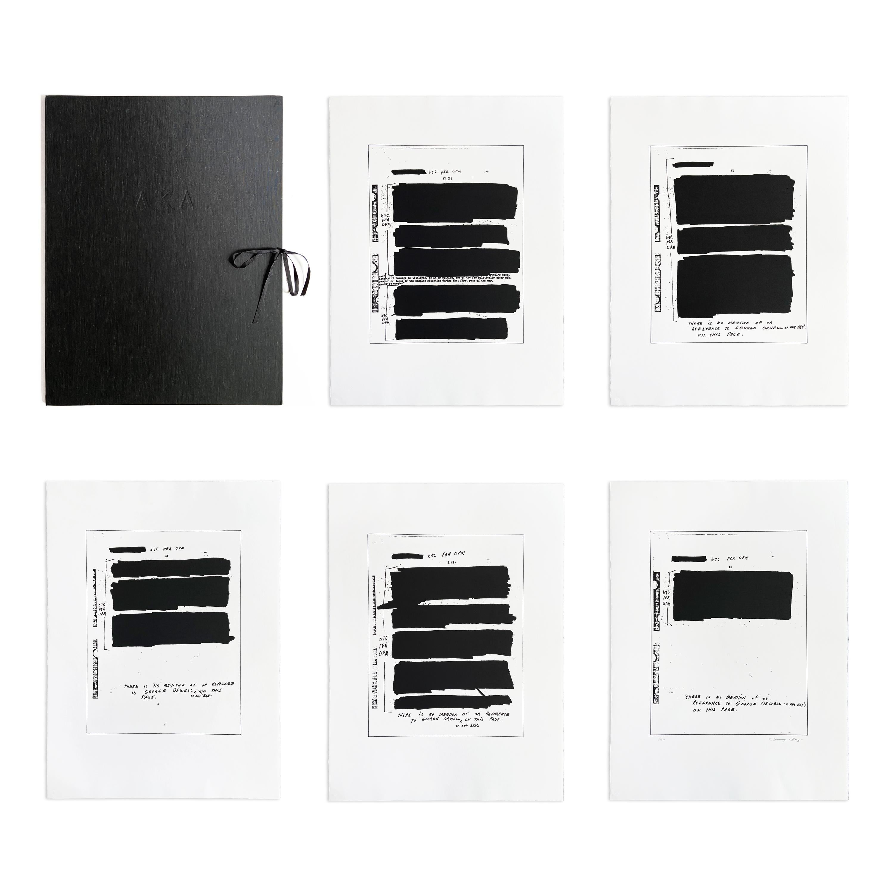 Jenny Holzer (American, b. 1950)
AKA, 2006
Medium: Set of five etchings, on Magnani Pescia paper (with title page, sheets loose, in original black silk-covered portfolio case)
Dimensions: 75.6 x 56.3 cm (29 3/4 x 22 1/8 in)
Edition of 40: