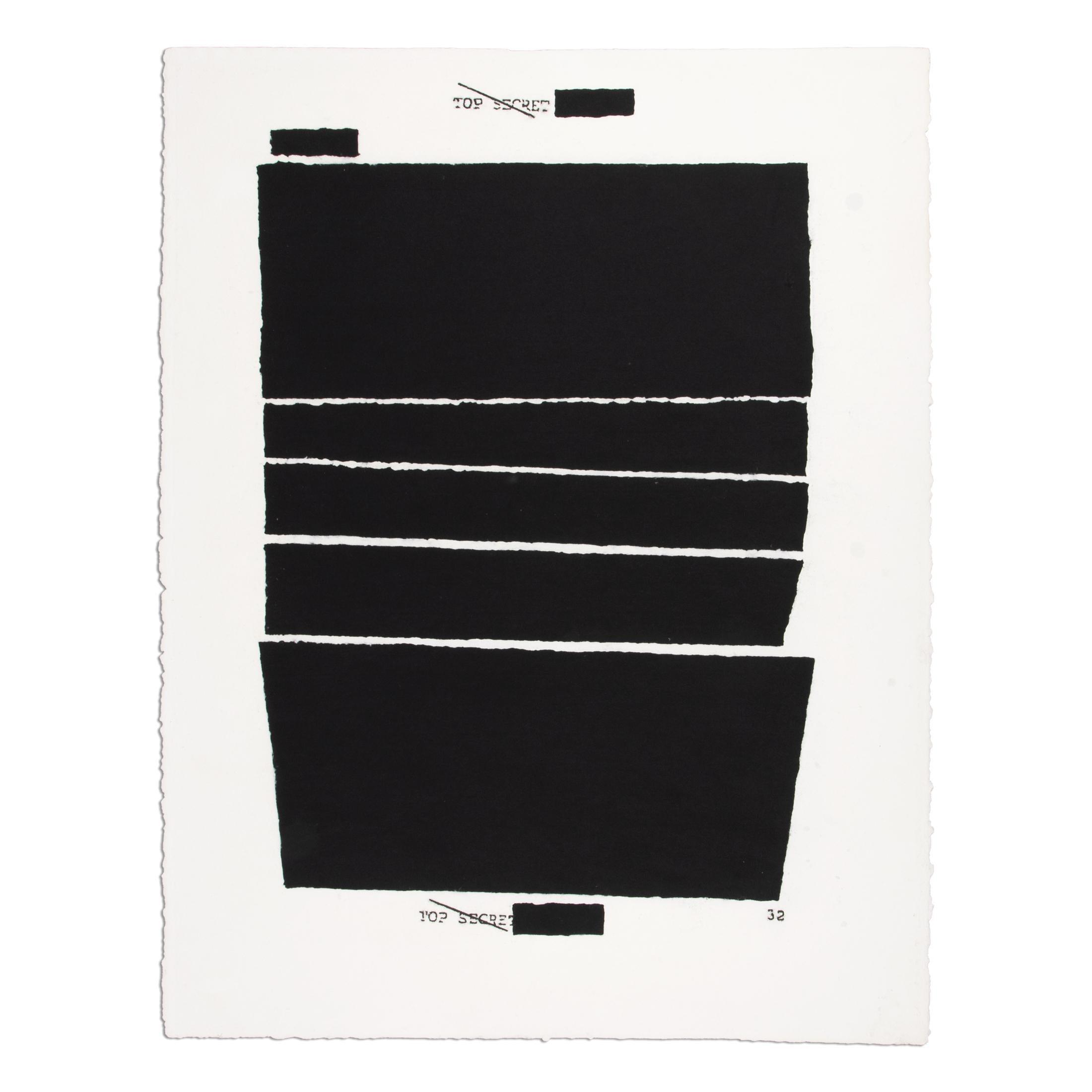 Jenny Holzer (Américaine, née en 1950)
Top Secret 32, 2012
Support : Technique de réservage par gabarit, sur papier vélin de 350 g/qm
Dimensions : 90,5 × 70 cm (35 3/5 × 27 3/5 in)
Édition : De la série "Water Boarding". Taille de l'édition non