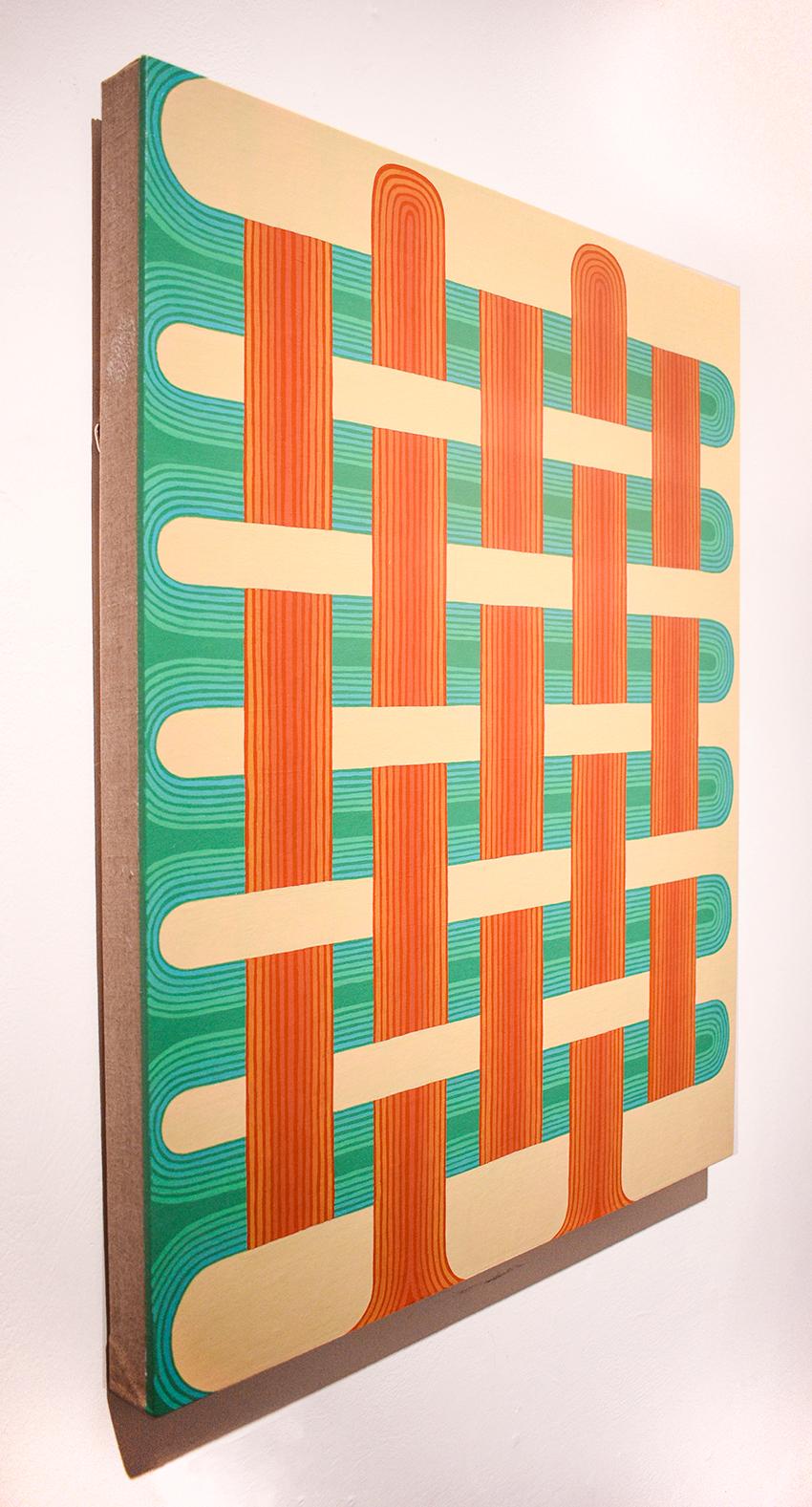 Clasp (Gingham Inspired Abstract Painting in Soft Yellow, Red, Orange & Teal) 1