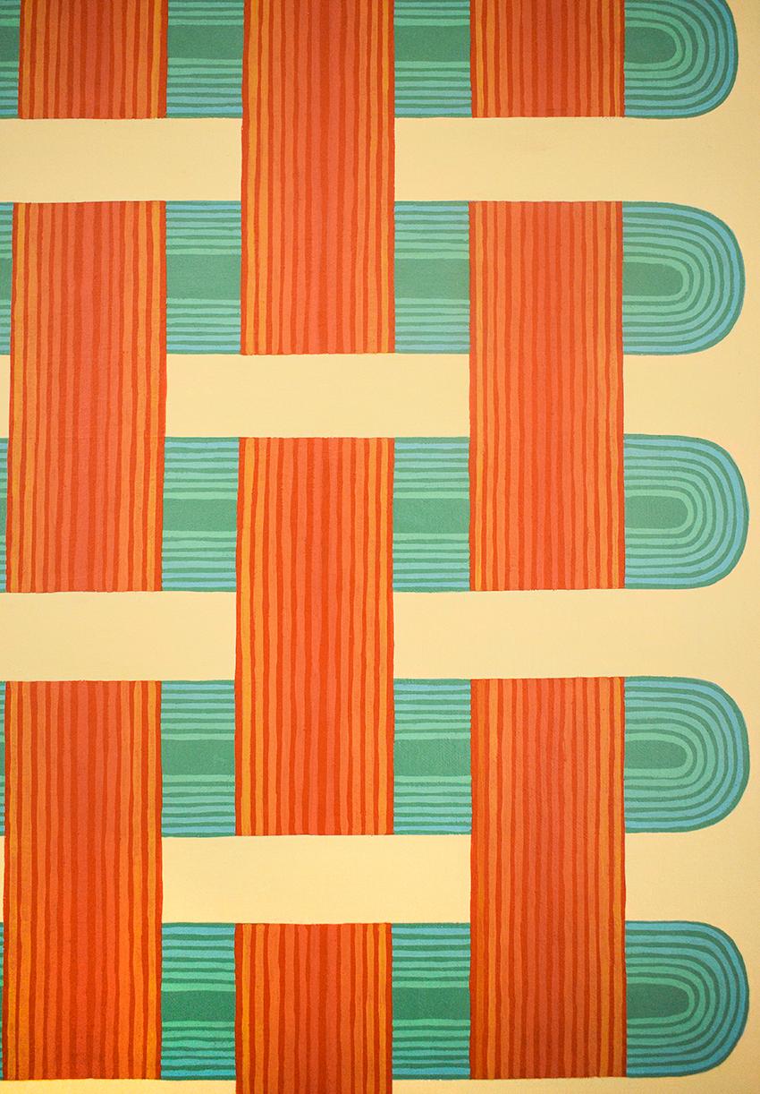 Clasp (Gingham Inspired Abstract Painting in Soft Yellow, Red, Orange & Teal) 3