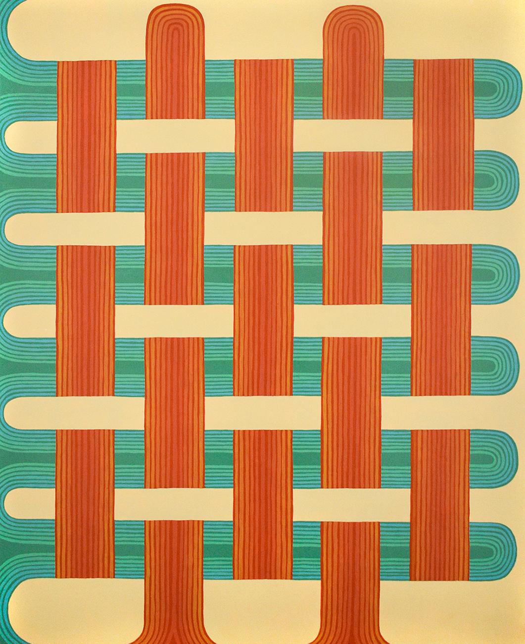 Graphic gingham pattern inspired abstract painting on linen over panel in contrasting hues of orange-red, soft yellow, and teal
"Clasp" by Jenny Kemp, painted in 2019
acrylic on linen over panel, 22 x 18 inches
Signed, verso

Jenny Kemp’s abstract