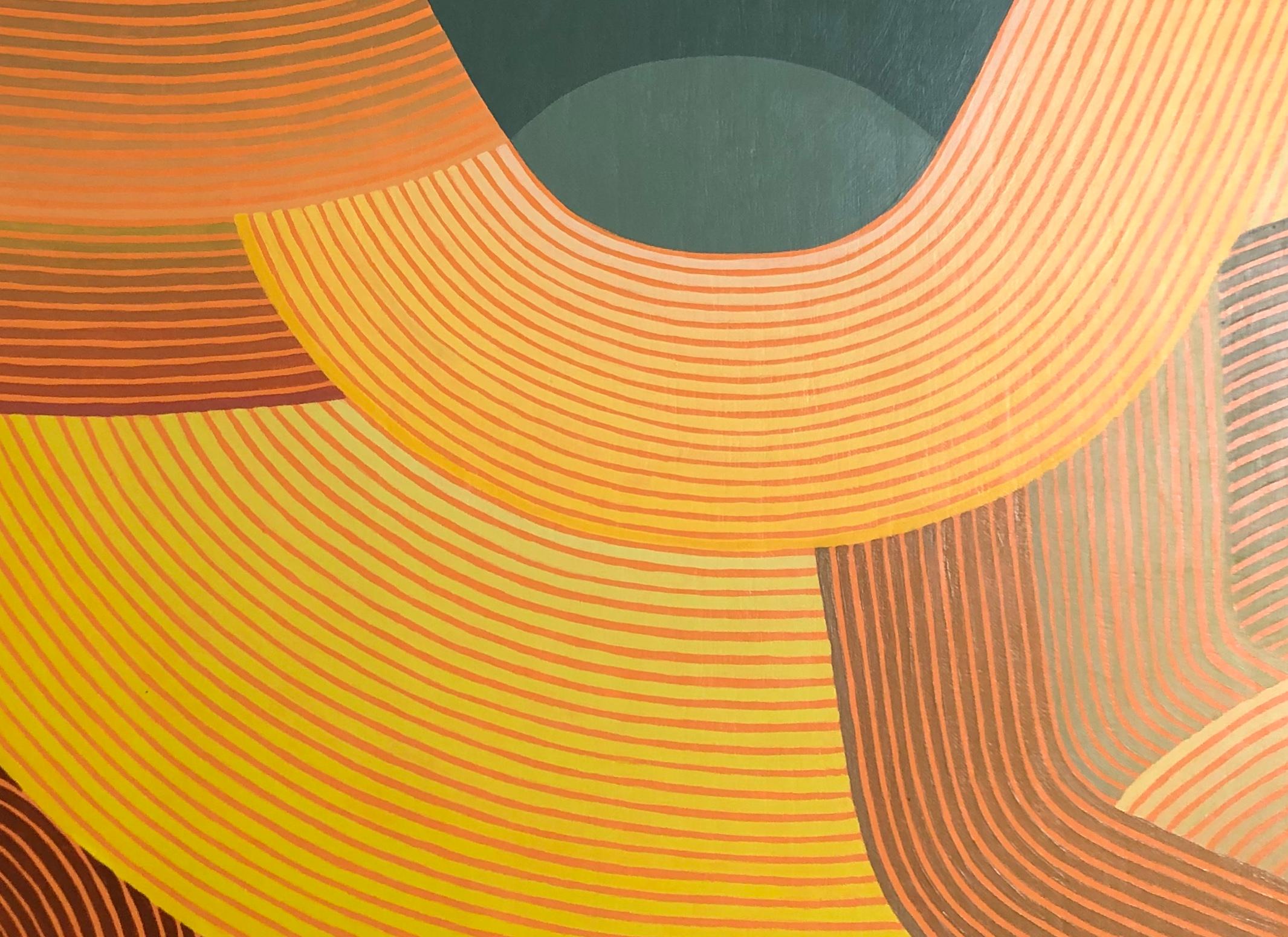 Downside, Vertical Abstract Geometric Painting with Peach, Yellow, Coral, Teal - Orange Abstract Painting by Jenny Kemp