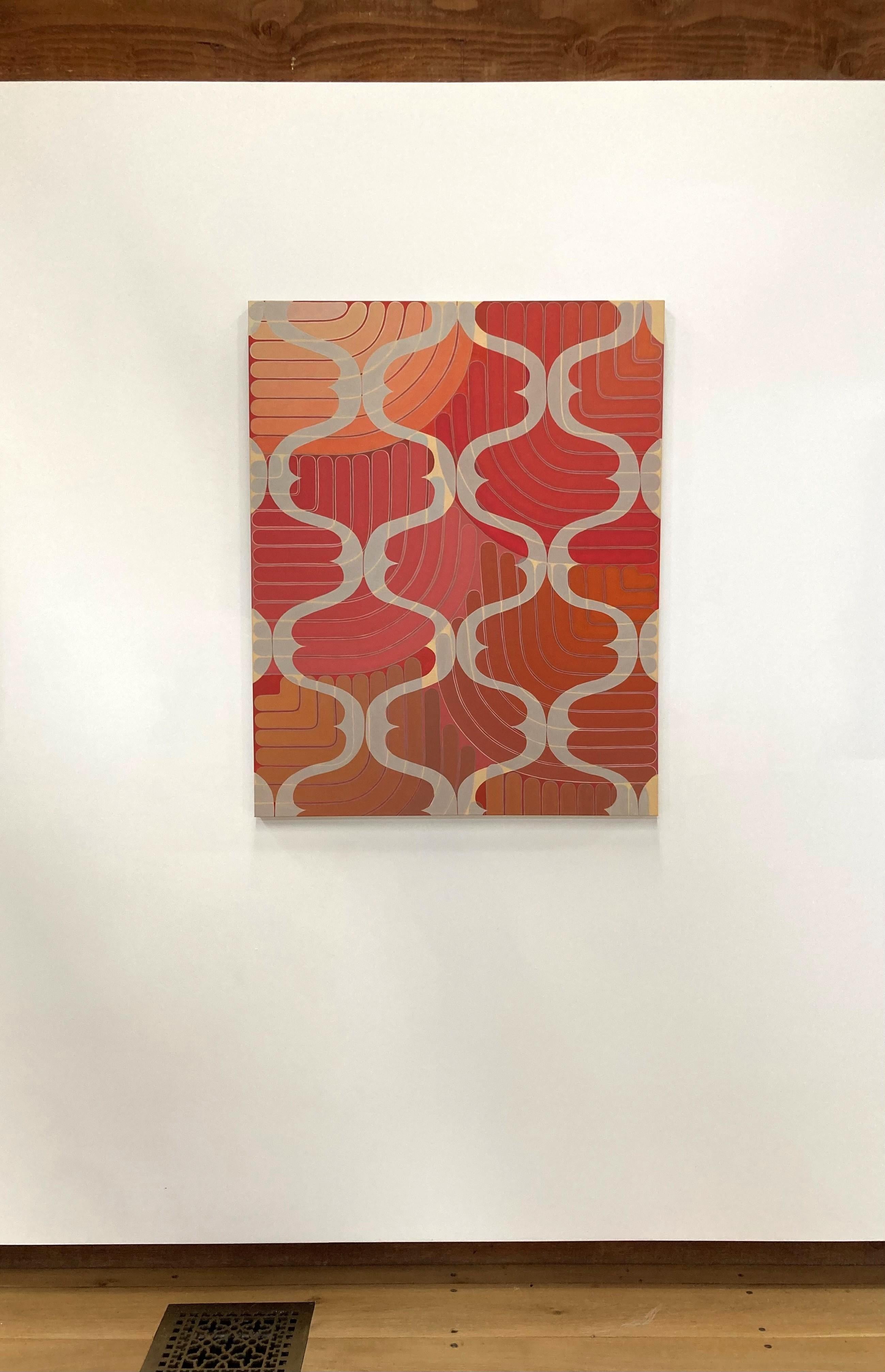 Drape, Coral, Dark Pink, Gray, Orange Geometric Abstract Curving Lines Pattern - Painting by Jenny Kemp