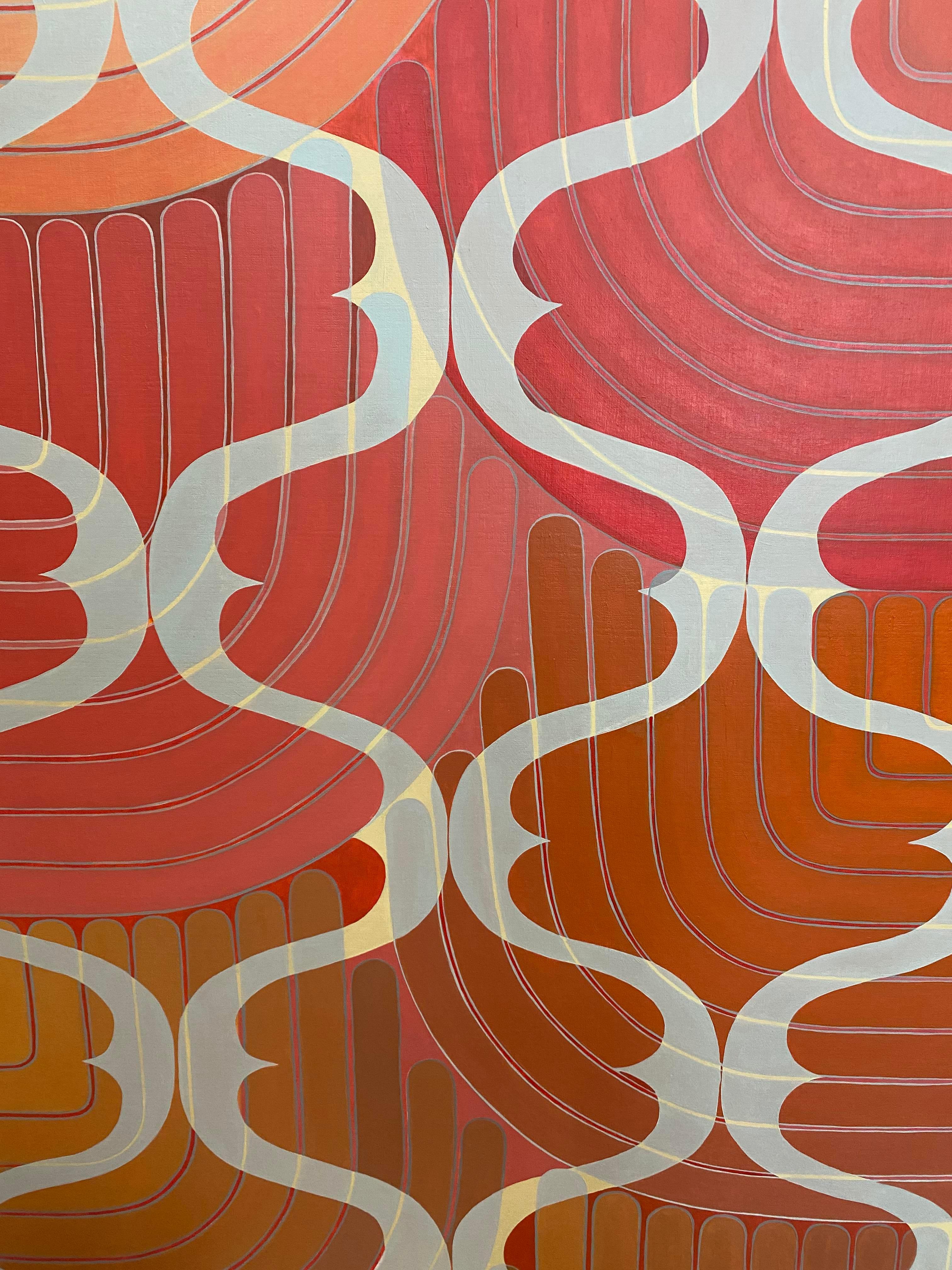 Drape, Coral, Dark Pink, Gray, Orange Geometric Abstract Curving Lines Pattern - Contemporary Painting by Jenny Kemp
