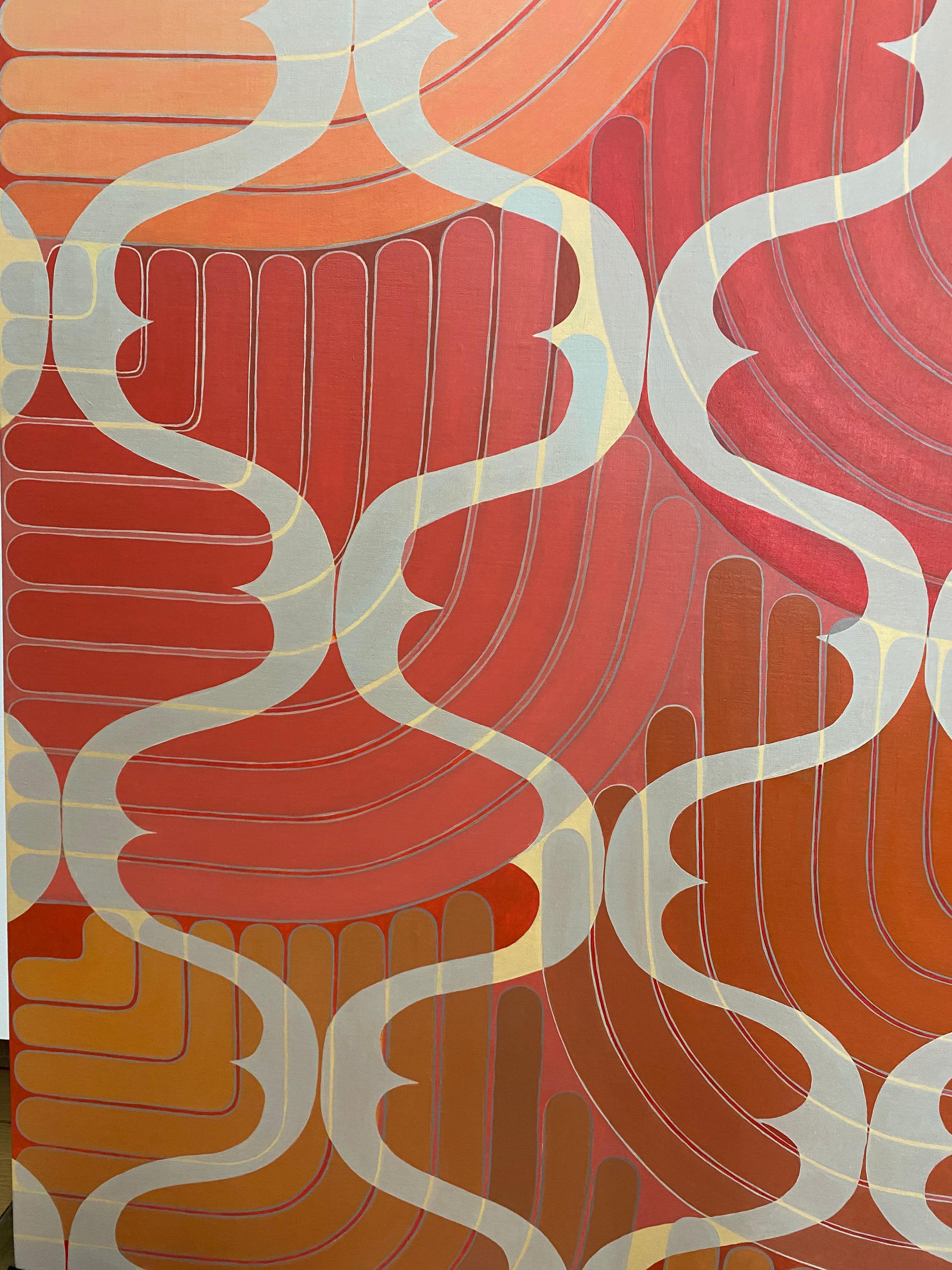 An abstract geometric pattern is composed of thick curving lines in dark pink, coral, and orange, beneath another repeating pattern in pale gray, suggesting a sense of movement within the layered forms. Signed and dated on verso.

Jenny Kemp’s